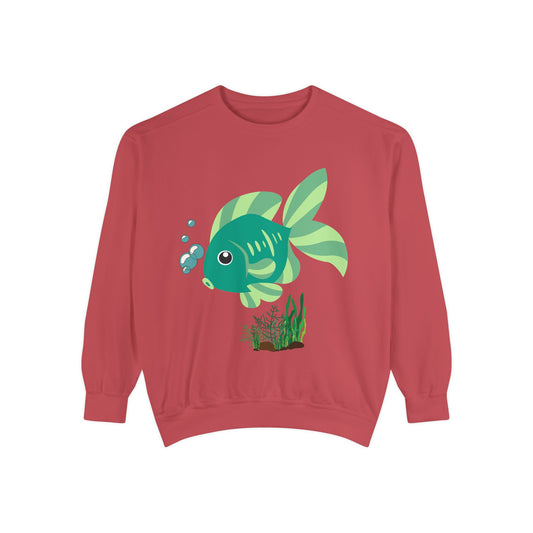 Green fish with bubbles and aquatic plants Unisex Garment-Dyed Sweatshirt