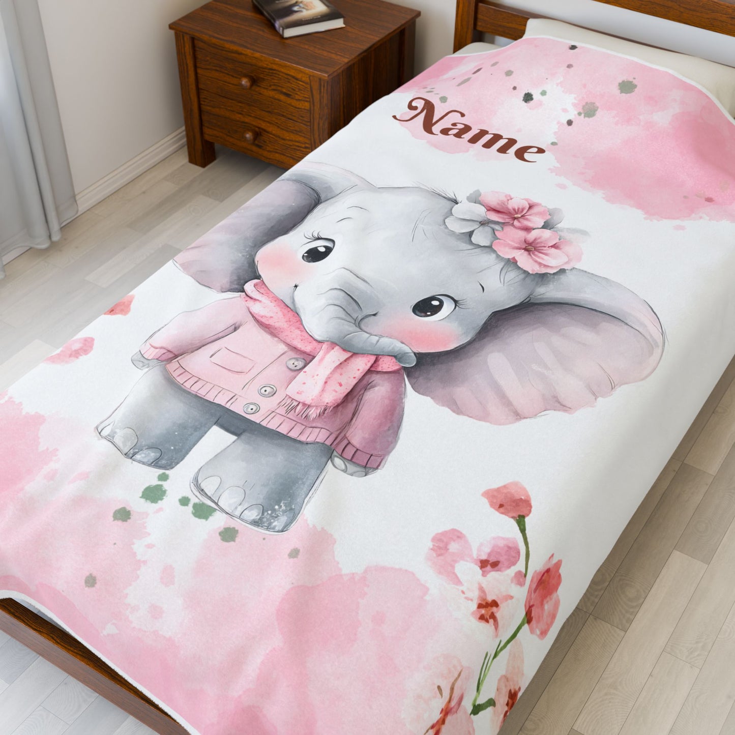 Personalized Baby Elephant Velveteen Plush Blanket, Custom Nursery Blanket, Baby Shower Gift, Cozy Snuggle Blanket, Childrens Home Decor