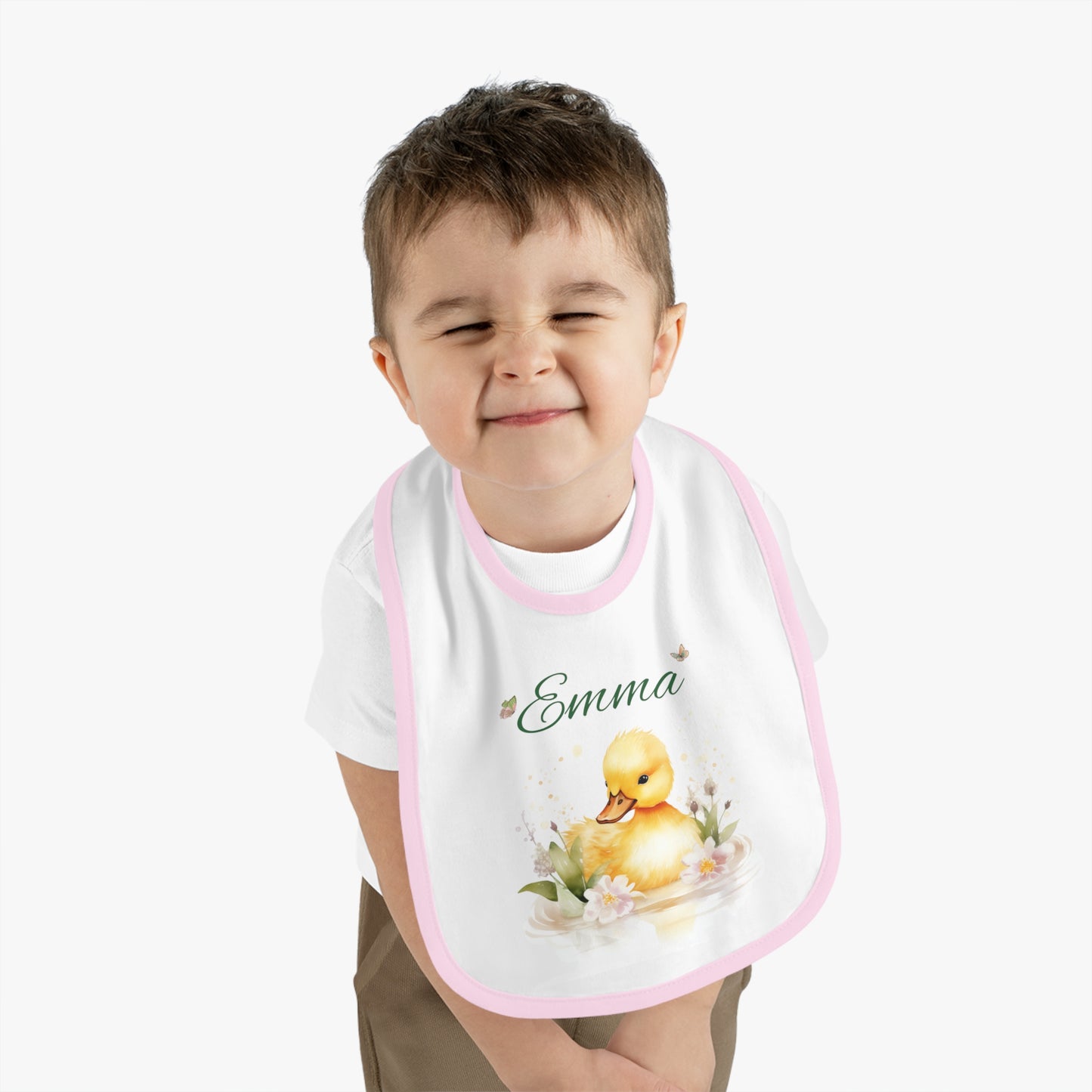 Personalized Duckling Baby Bib — Custom Name Infant Contrast Trim Feeding Bib