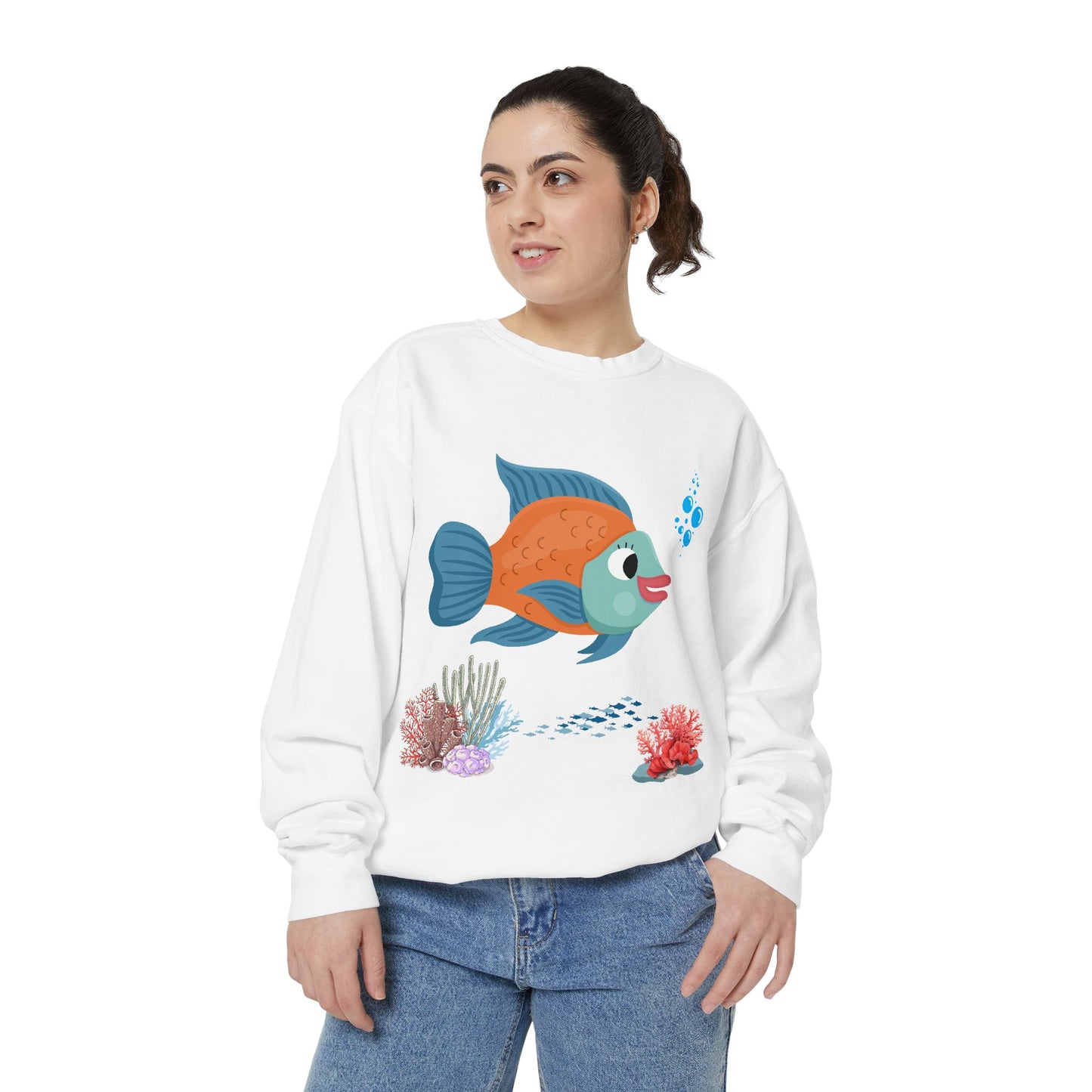 Orange and blue fish with coral and bubble Unisex Garment-Dyed Sweatshirt