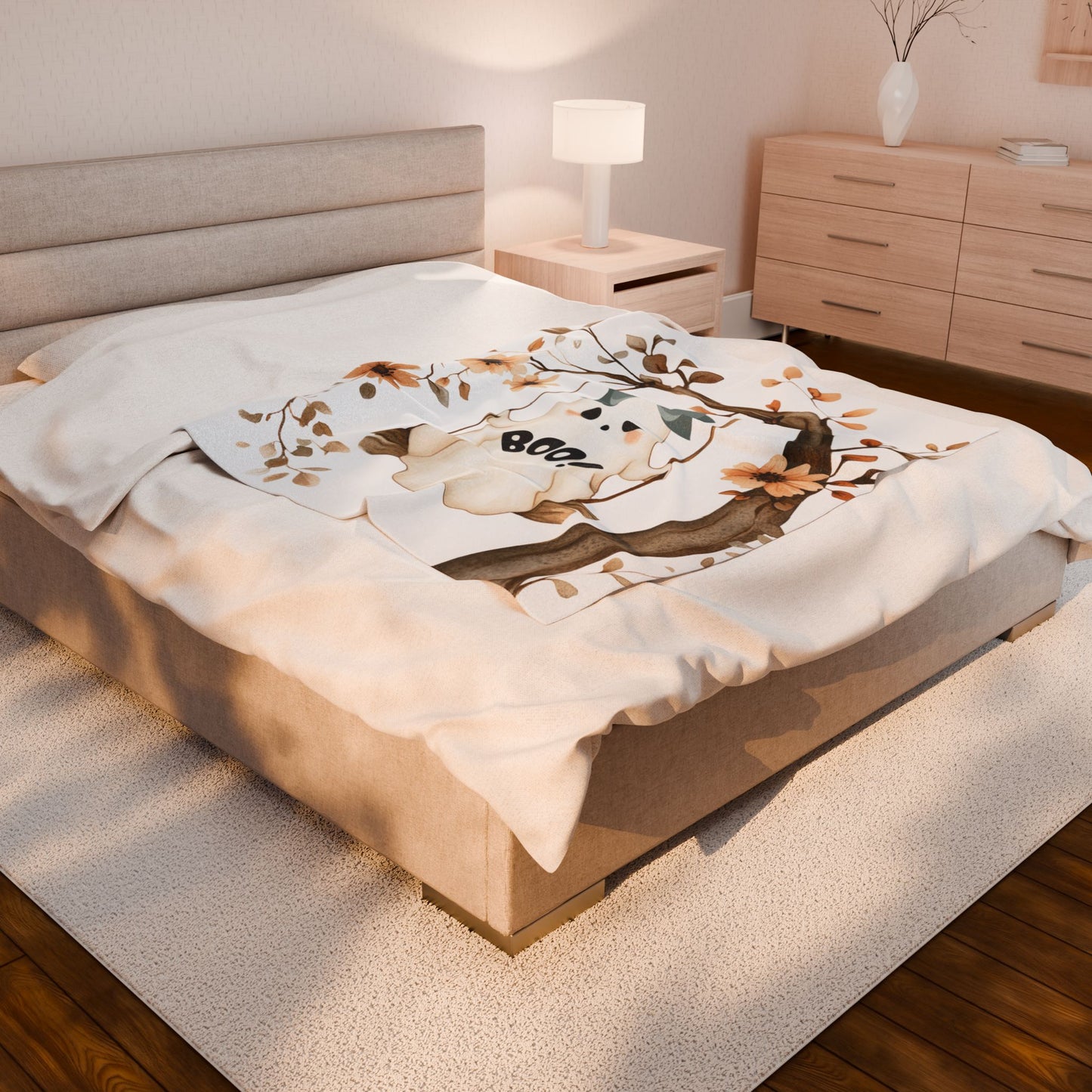 Cozy Halloween Velveteen Plush Blanket, Soft Throw for Fall Decor, Boo Ghost Design, Perfect for Movie Nights & Gifts