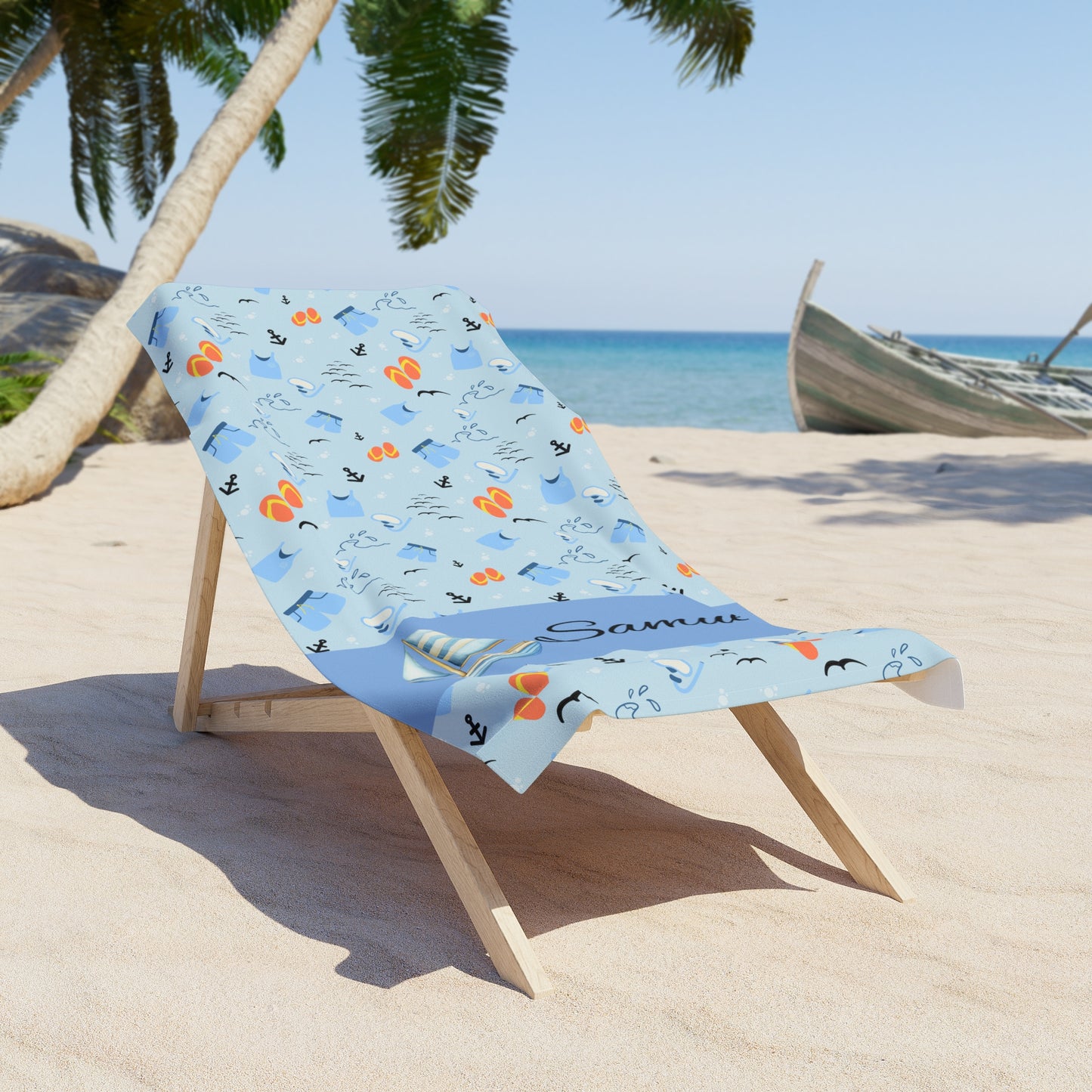 Personalized Nautical Beach Towel — Blue Sailboat Pattern with Name
