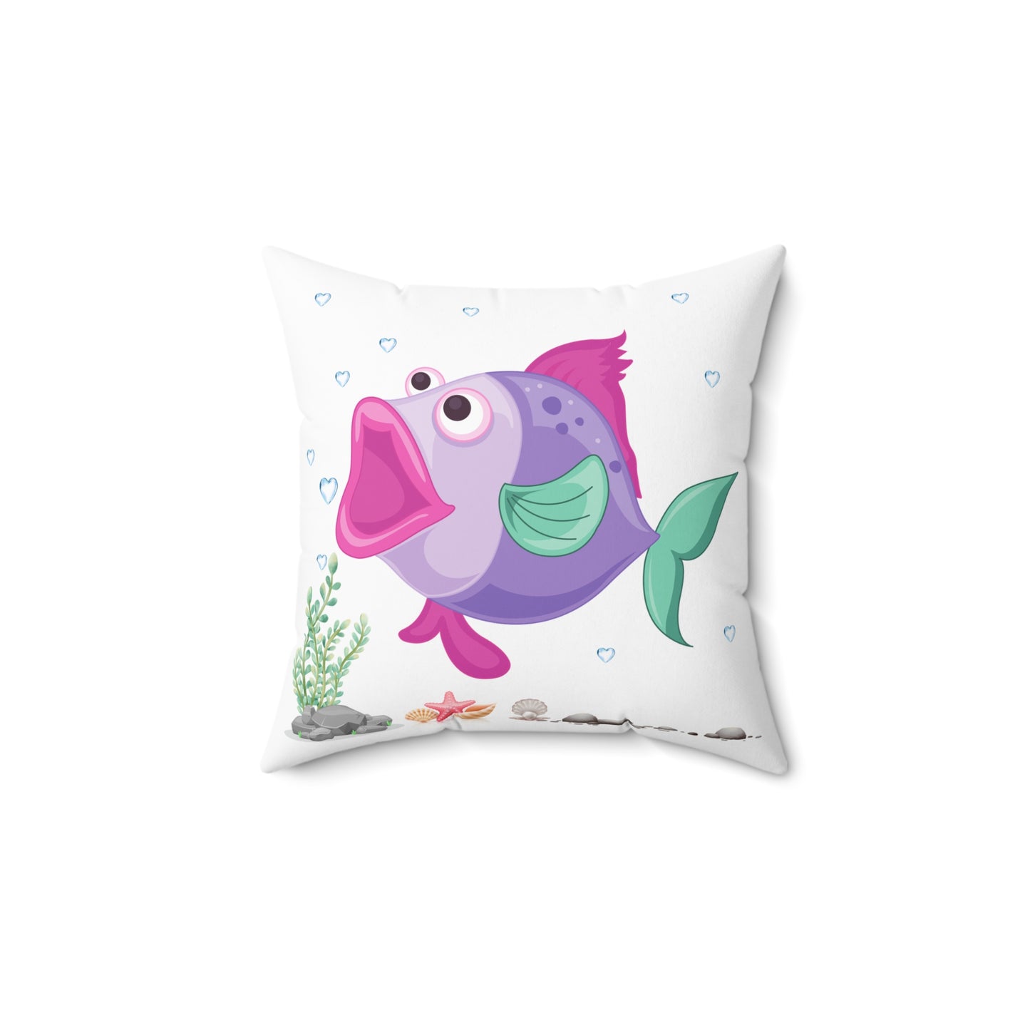 Fish with open mouth bubbles and underwater flora Spun Polyester Square Pillow