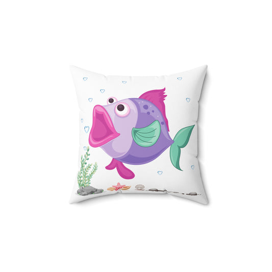 Fish with open mouth bubbles and underwater flora Spun Polyester Square Pillow