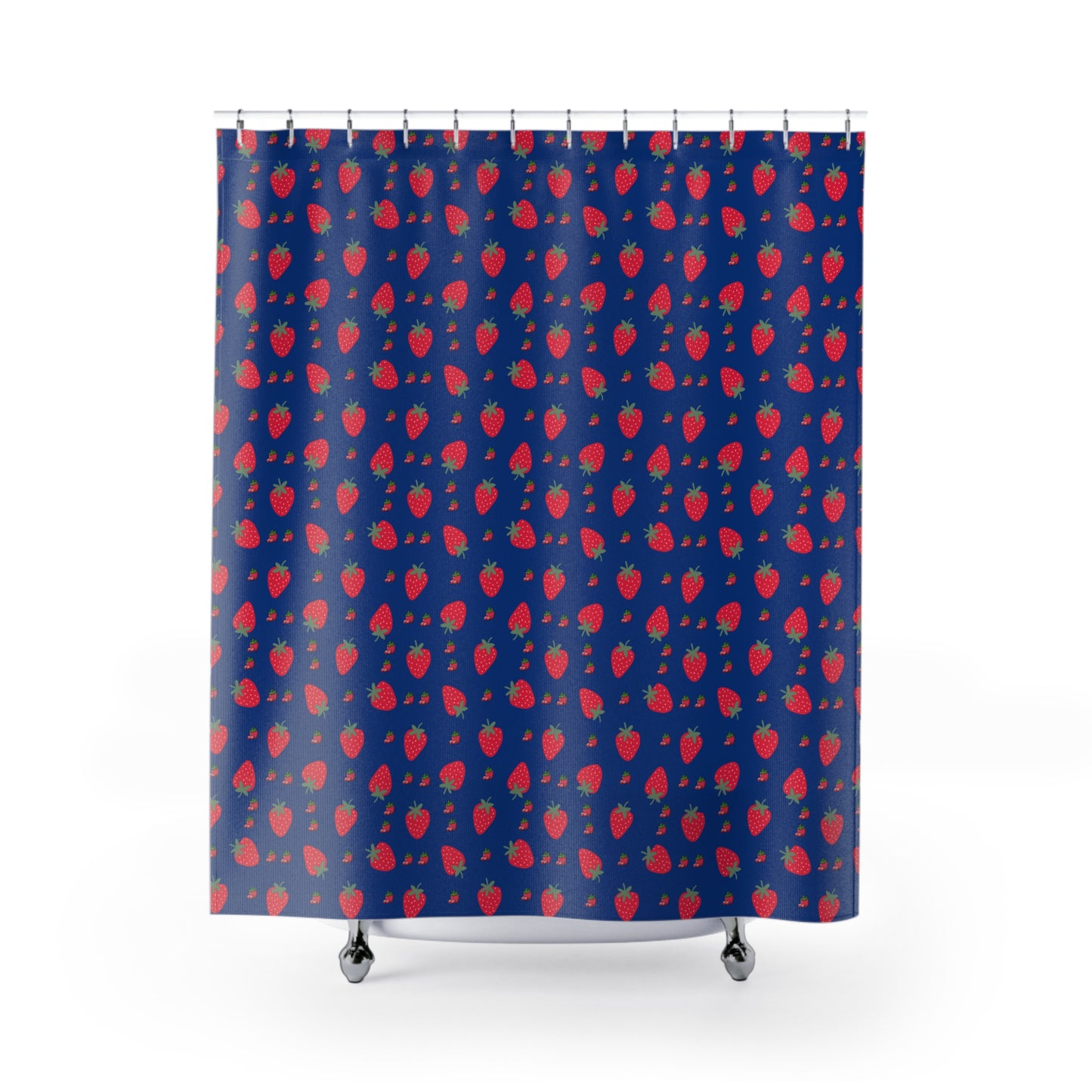 Strawberry Pattern Shower Curtain — Navy Blue Fruit Print Bathroom Decor