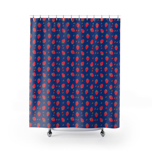 Strawberry Pattern Shower Curtain — Navy Blue Fruit Print Bathroom Decor