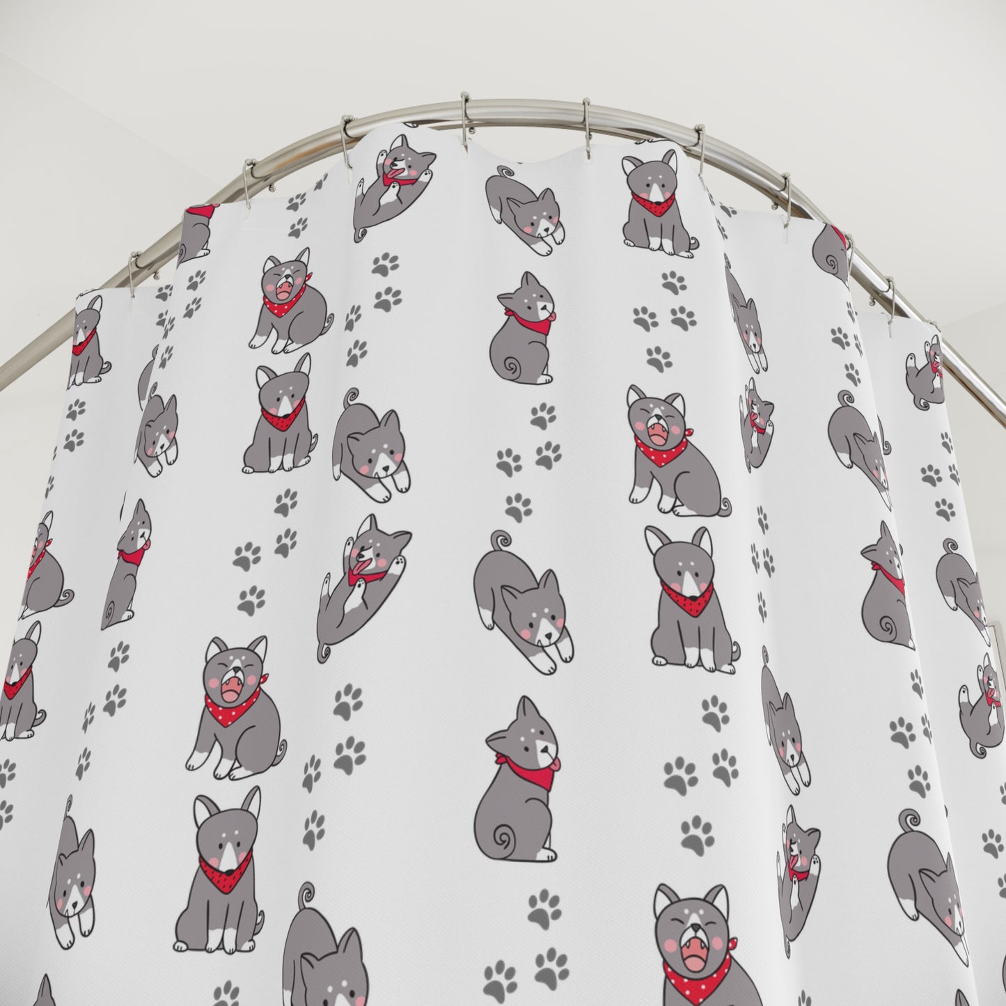 Shower Curtain — Cute Grey Husky Pattern with Red Bandana, Paw Print Bathroom Decor