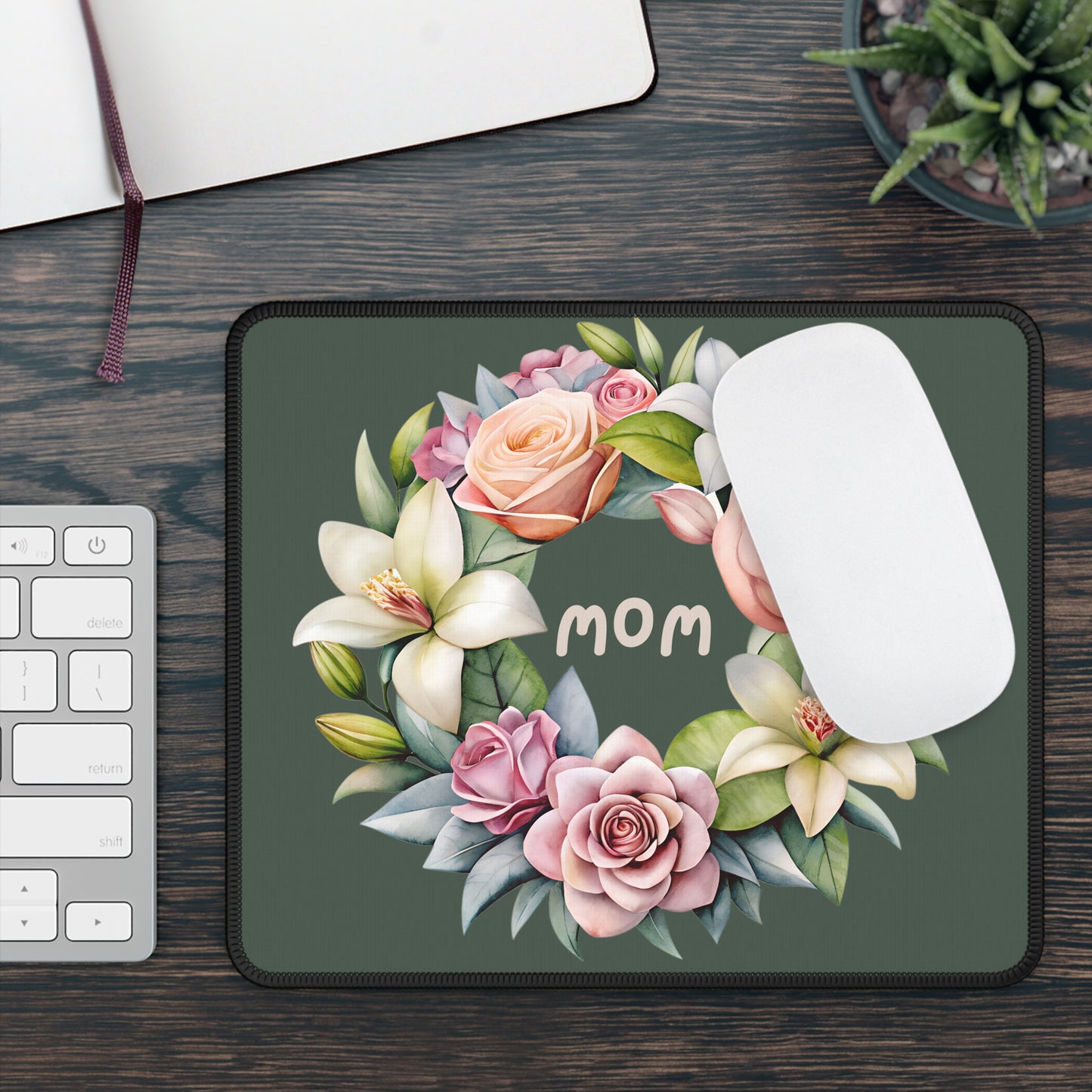 Floral 'Mom' Mouse Pad — Rose & Lily Wreath Gaming/Desk Pad