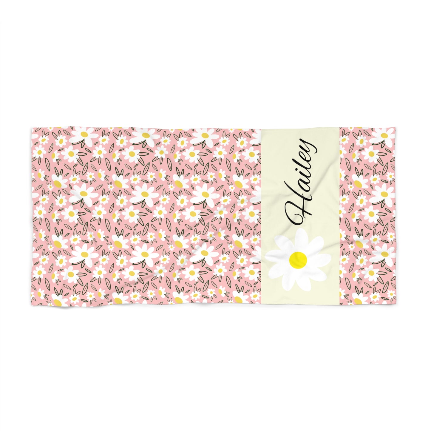 Personalized Daisy Floral Beach Towel — Custom Name Pink Summer Towel