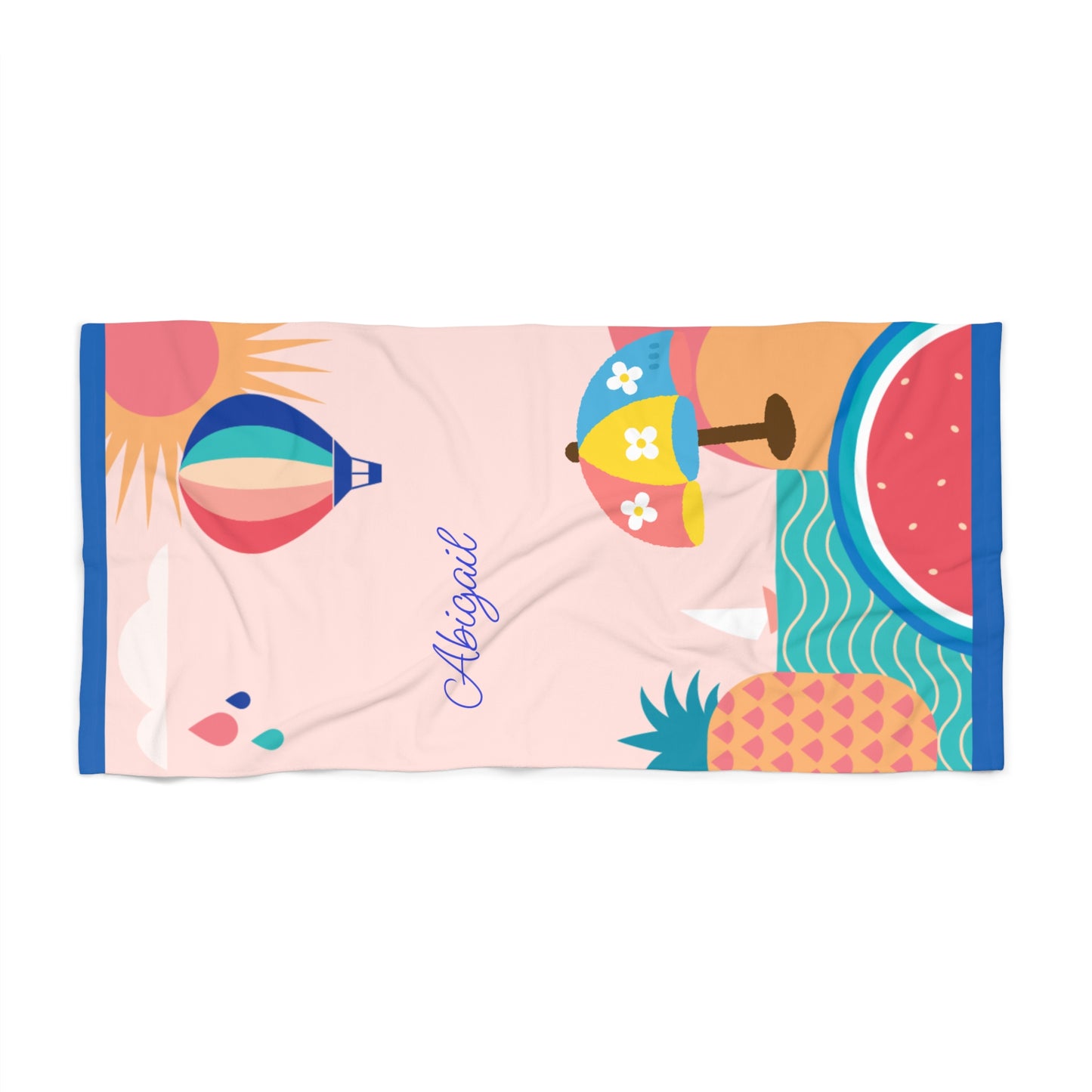 Personalized Tropical Beach Towel — Custom Name Abigail, Pineapple & Watermelon Summer Design