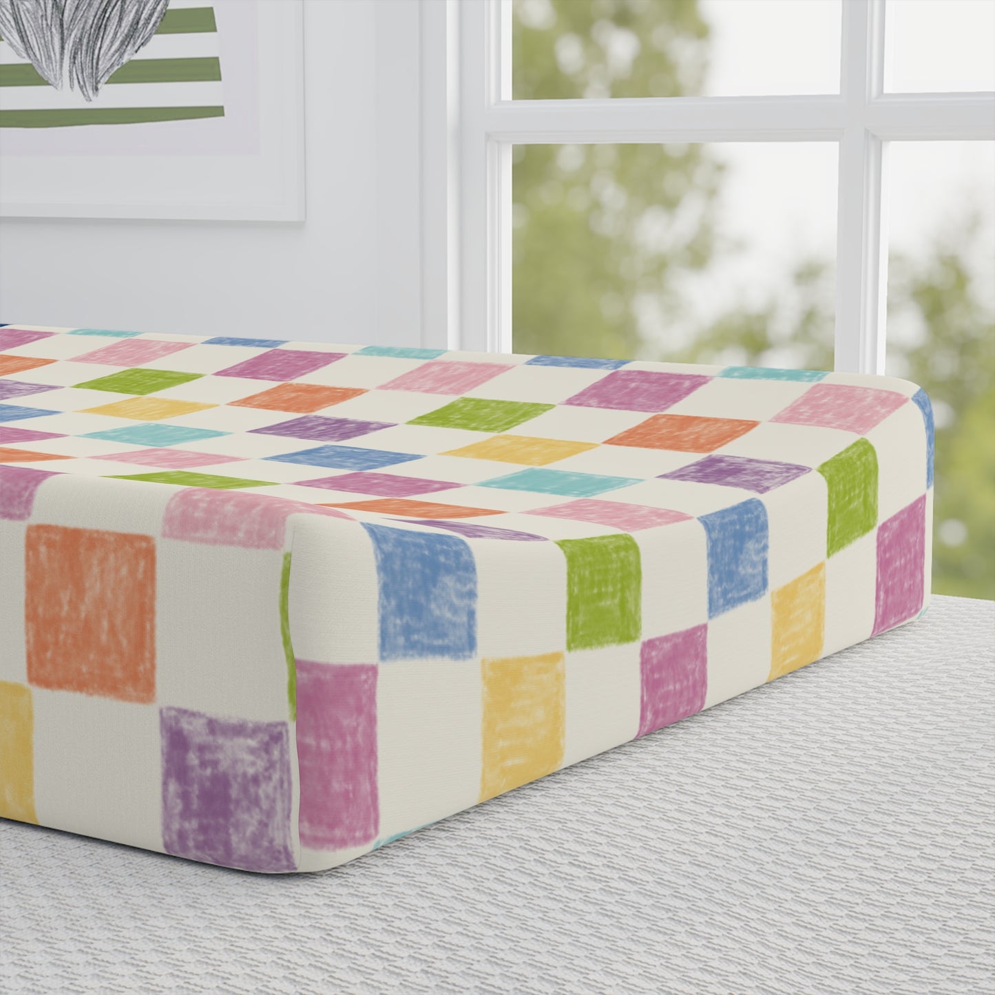 Giraffe Nursery Changing Pad Cover — Colorful Pastel Check Baby Bedding