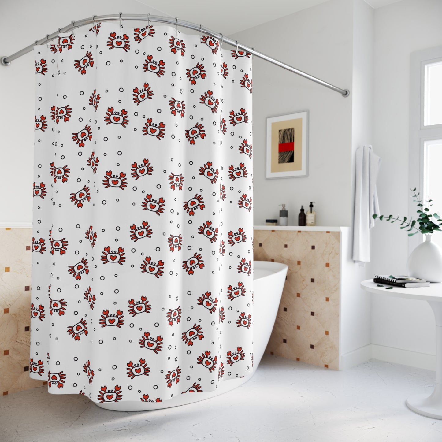 Heart Crab Pattern Shower Curtain – Cute Coastal Bathroom Decor