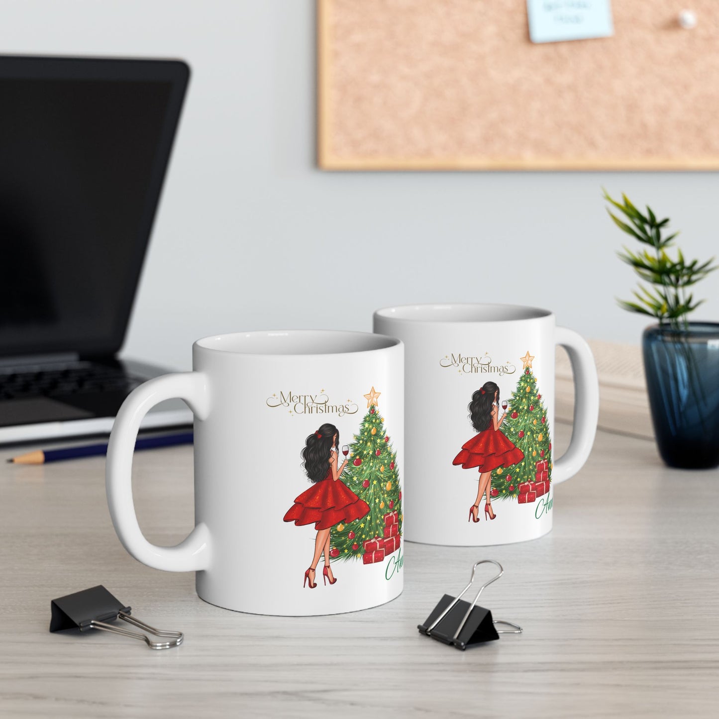 Personalized Christmas Mug – Festive Tree & Girl Illustration (11oz/15oz)