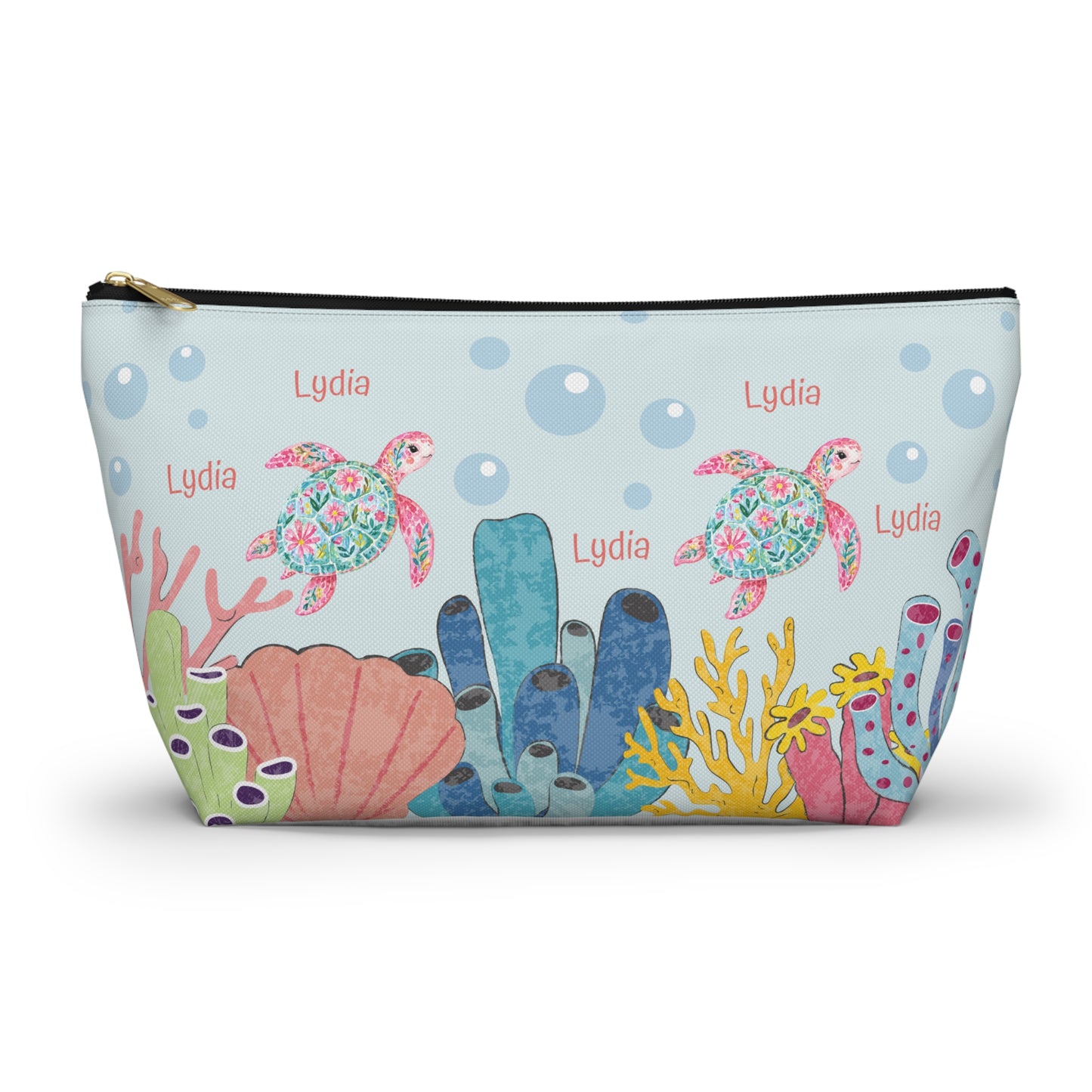 Personalized Sea Turtle Makeup Bag — Floral Turtle Cosmetic Pouch