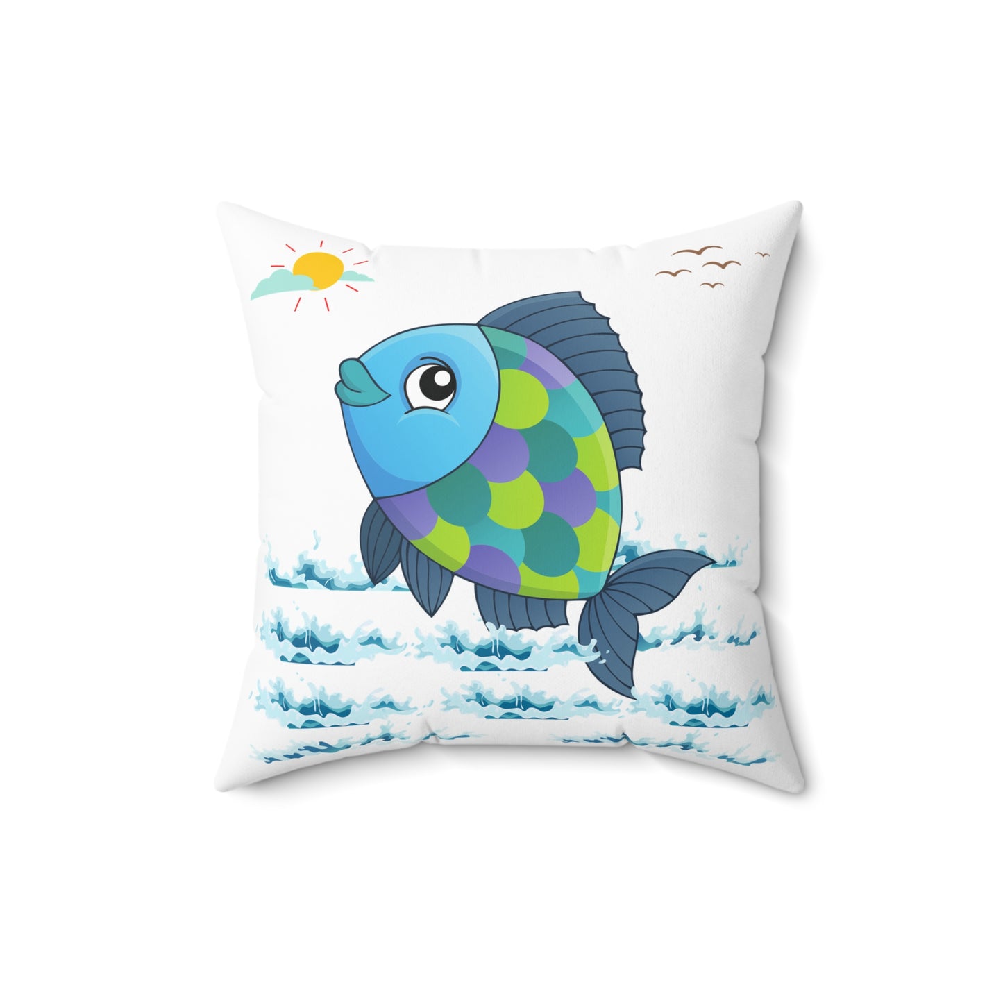 Fish with a sun and birds in the sky above water Spun Polyester Square Pillow