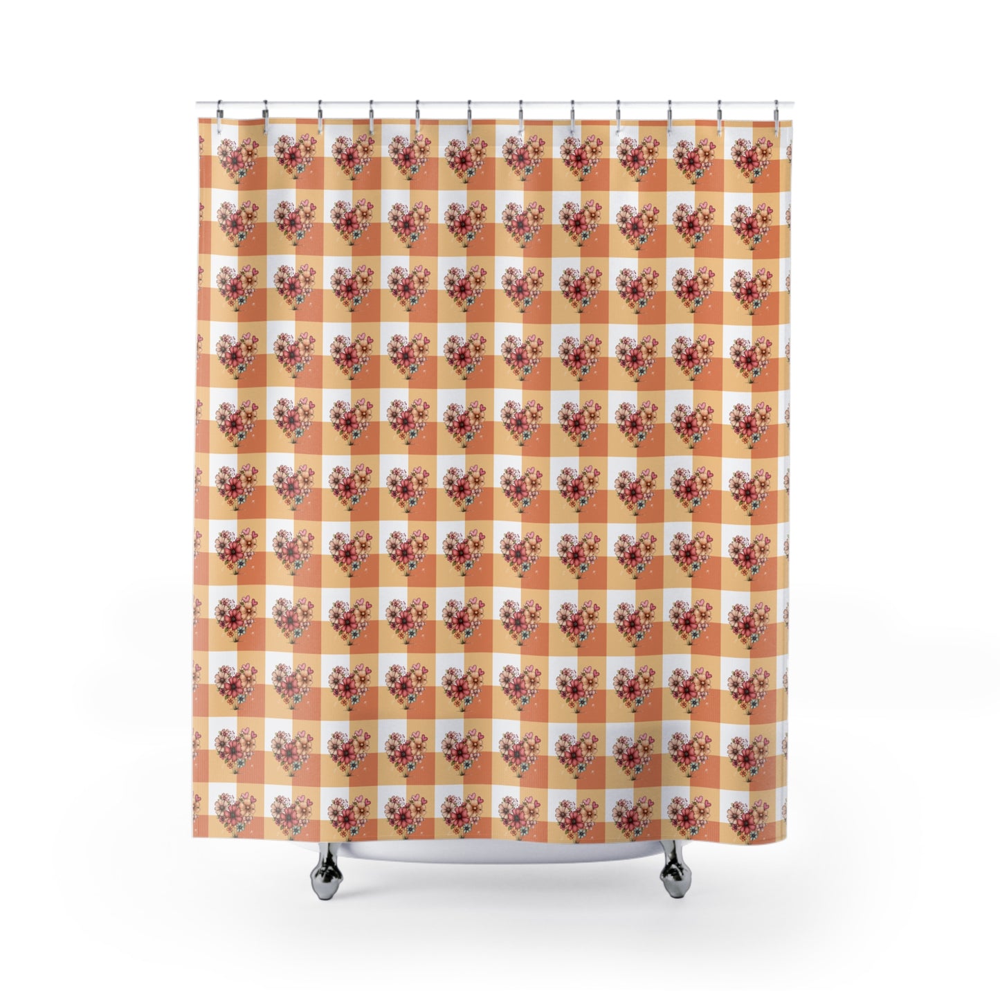 Floral Heart Gingham Shower Curtain — Cozy Farmhouse Bathroom Decor