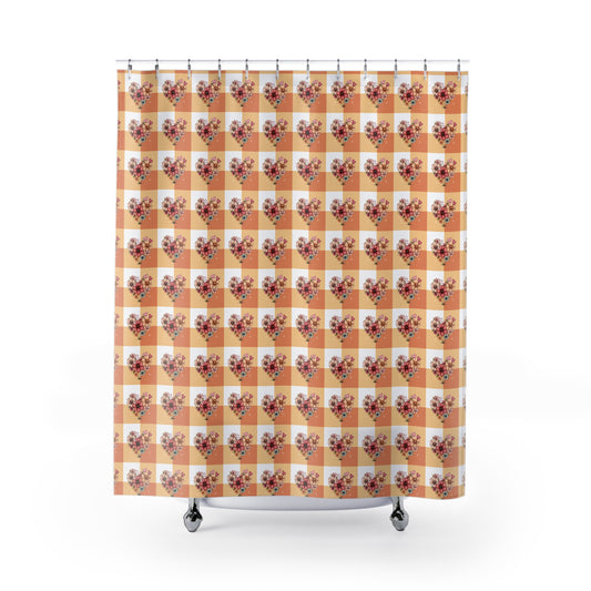 Floral Heart Gingham Shower Curtain — Cozy Farmhouse Bathroom Decor