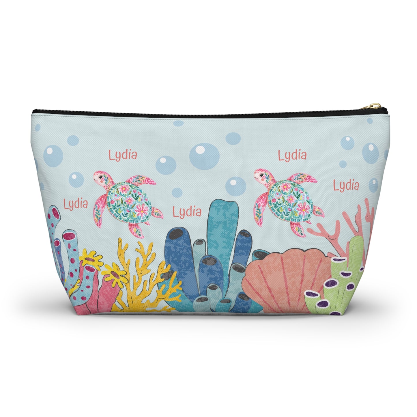 Personalized Sea Turtle Makeup Bag — Floral Turtle Cosmetic Pouch