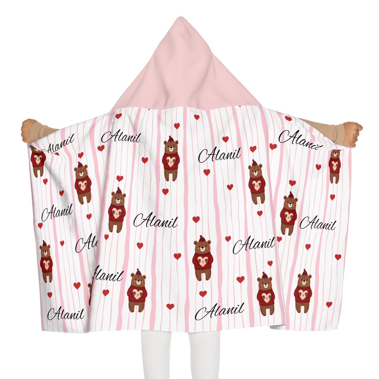 Personalized Kids Hooded Towel — Cute Bear & Hearts Design (Custom Name)