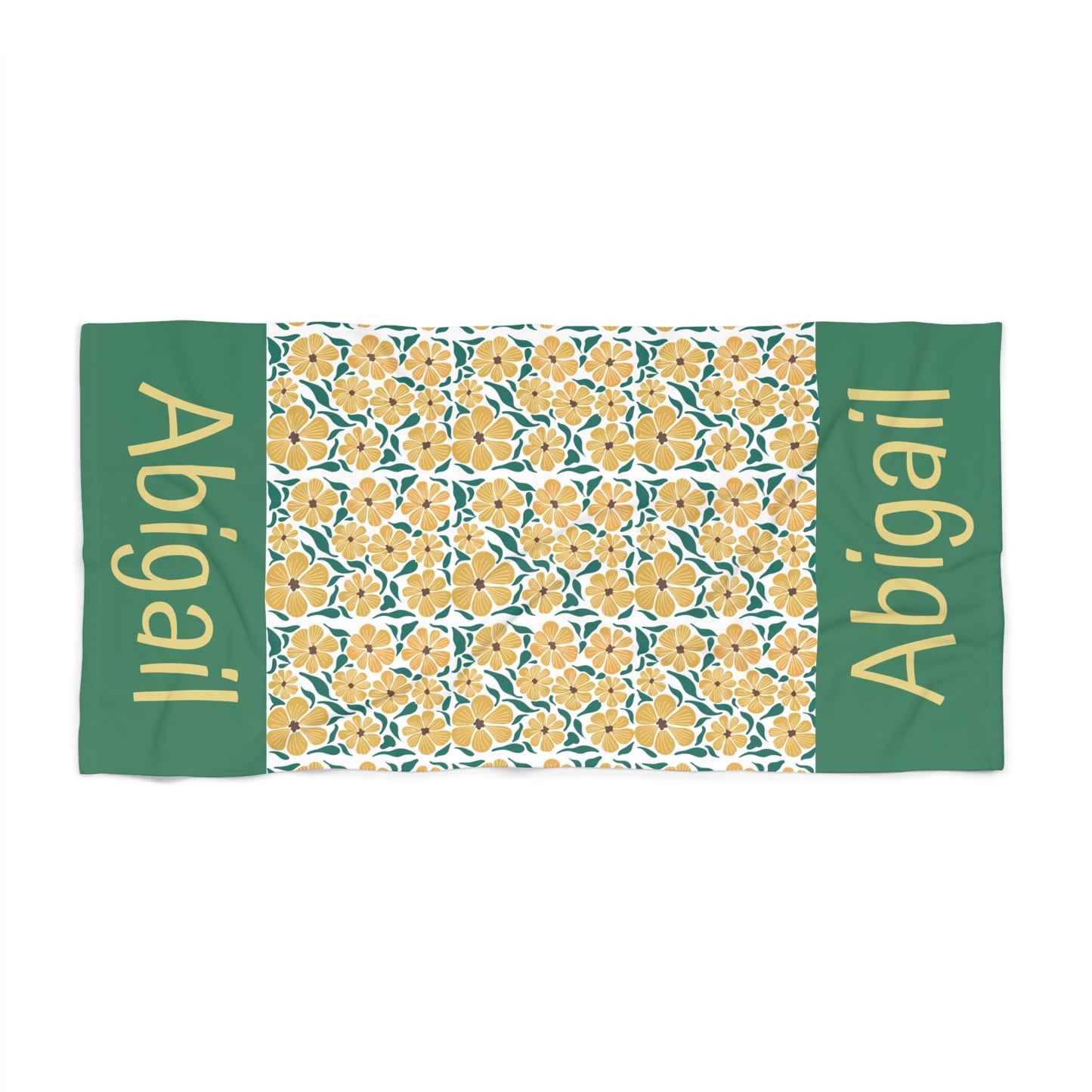 Personalized Floral Beach Towel — Custom Name Abigail, Yellow Hibiscus Pattern