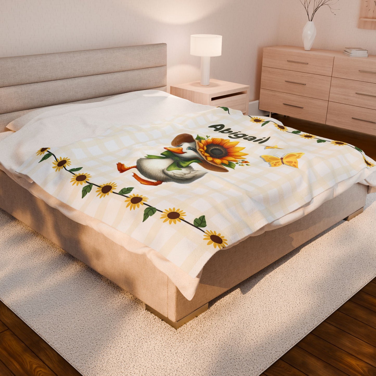 Customized Velveteen Plush Blanket with Sunflower Duck Design, Cozy Throw Blanket, Personalized Gift, Cute Nursery Decor, Baby Shower Gift