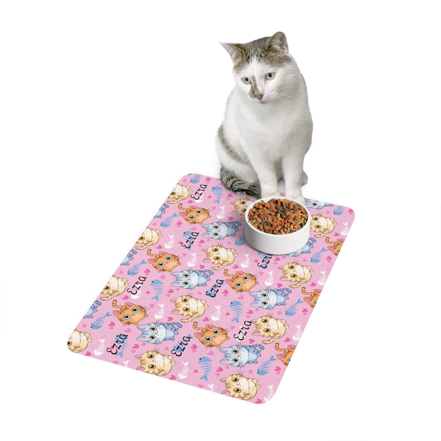 Personalized Cat Pattern Pet Food Mat (12x18) — Pink Kitty Name Placemat