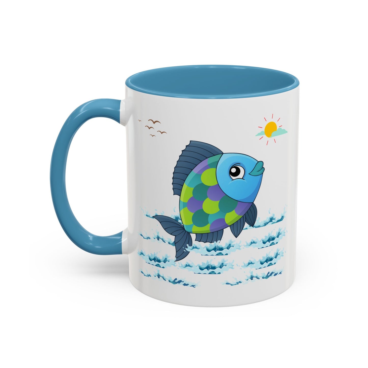Fish with a sun and birds in the sky above water Coffee Mug