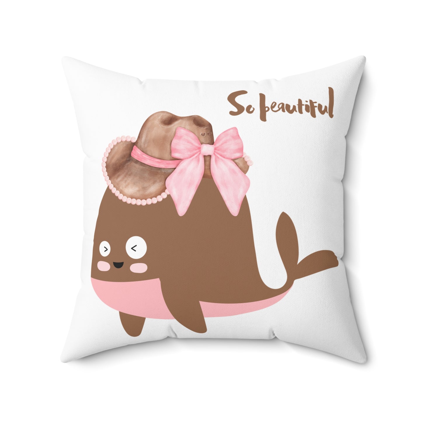 Whale wearing a cowboy hat with a pink bow Spun Polyester Square Pillow