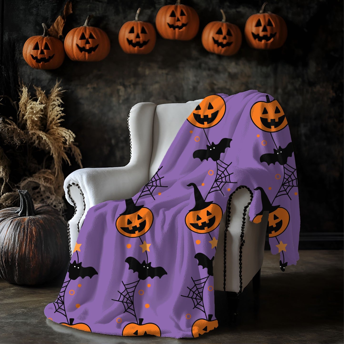 Halloween Velveteen Plush Blanket, Cozy Throw for Fall, Pumpkin and Bat Decor, Perfect for Spooky Season, Couch Blanket