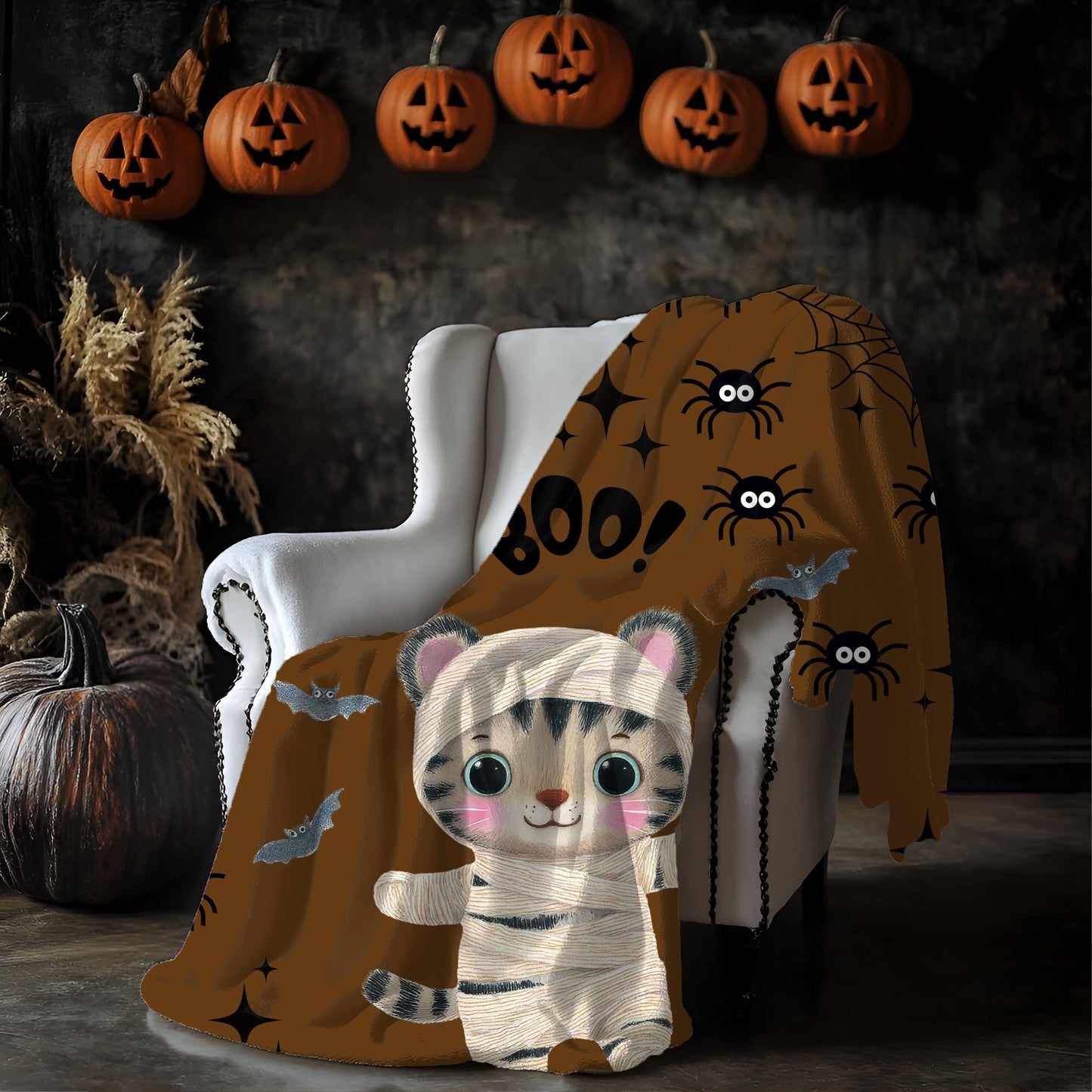 Cute Tiger Halloween Plush Blanket, Cozy Throw for Kids, Soft Fleece Blanket, Halloween Decor, Perfect Gift for Fall Celebrations