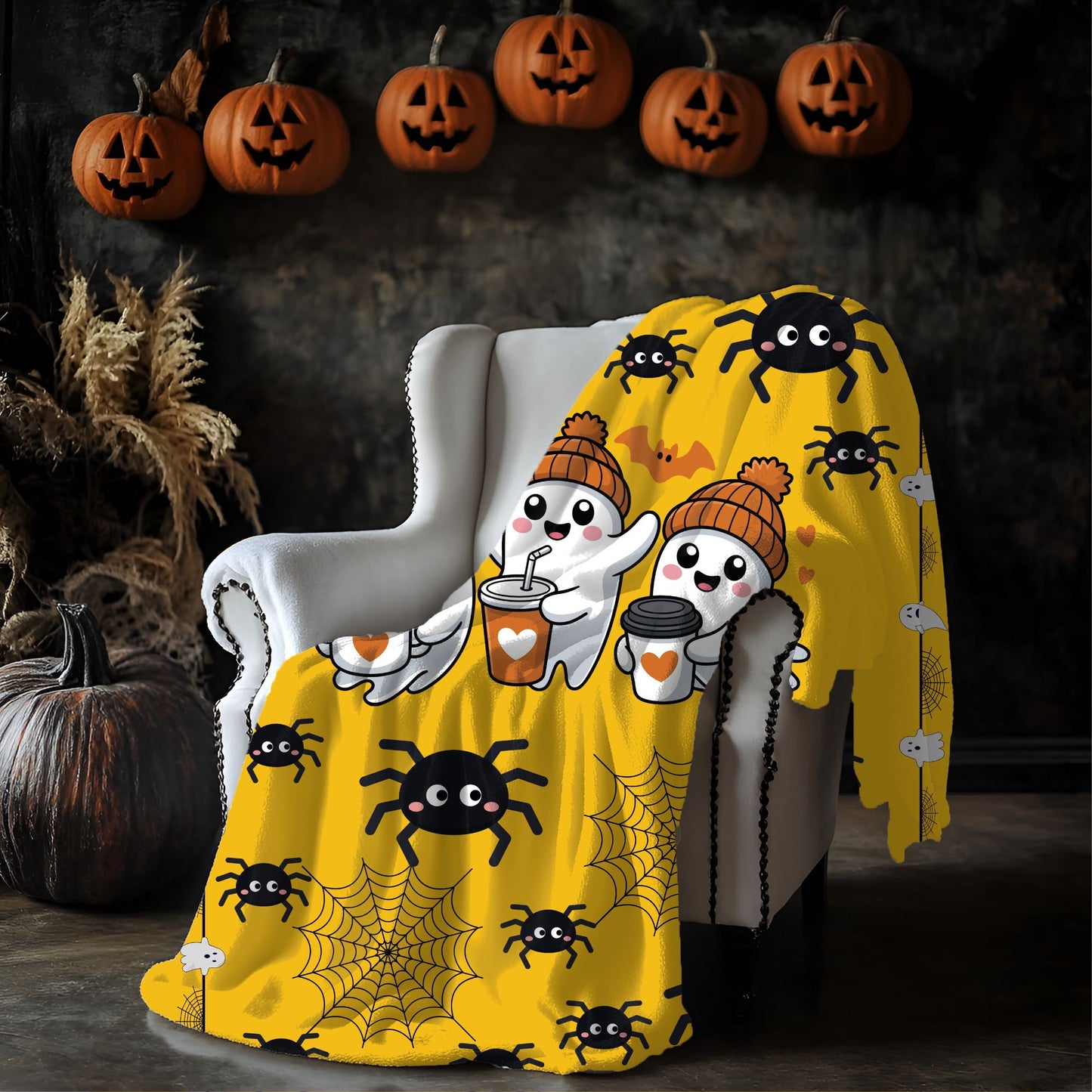 Cozy Halloween Velveteen Plush Blanket for Spooky Nights, Ghosts and Spiders Design, Perfect for Fall Decor, Gift, and Movie Nights