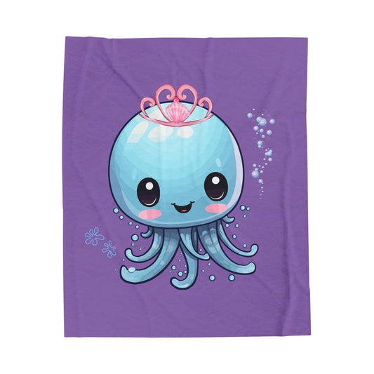 Blue jellyfish with a pink tiara Velveteen Plush Blanket