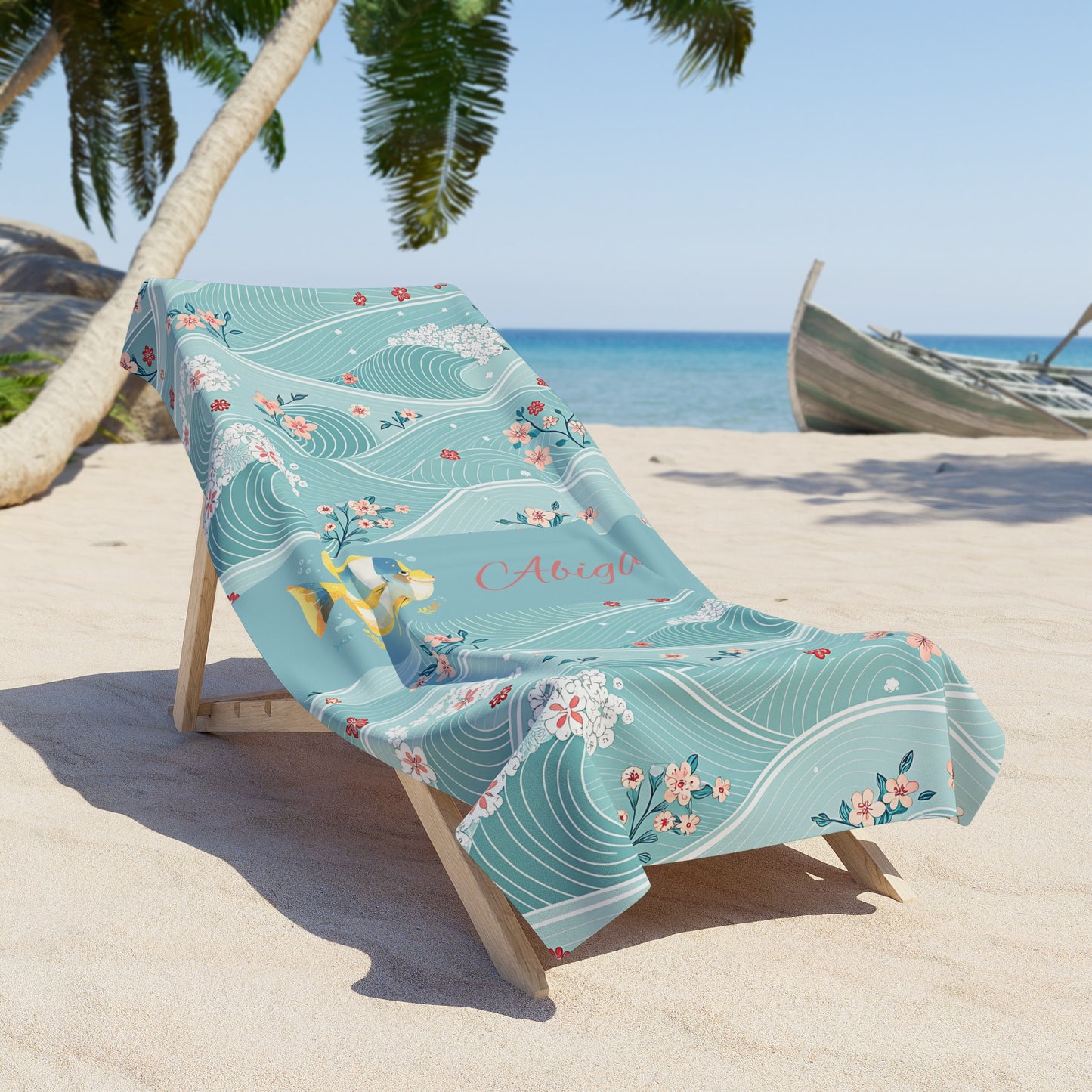 Personalized Aqua Waves Beach Towel — Floral Surf & Gold Fish Monogram
