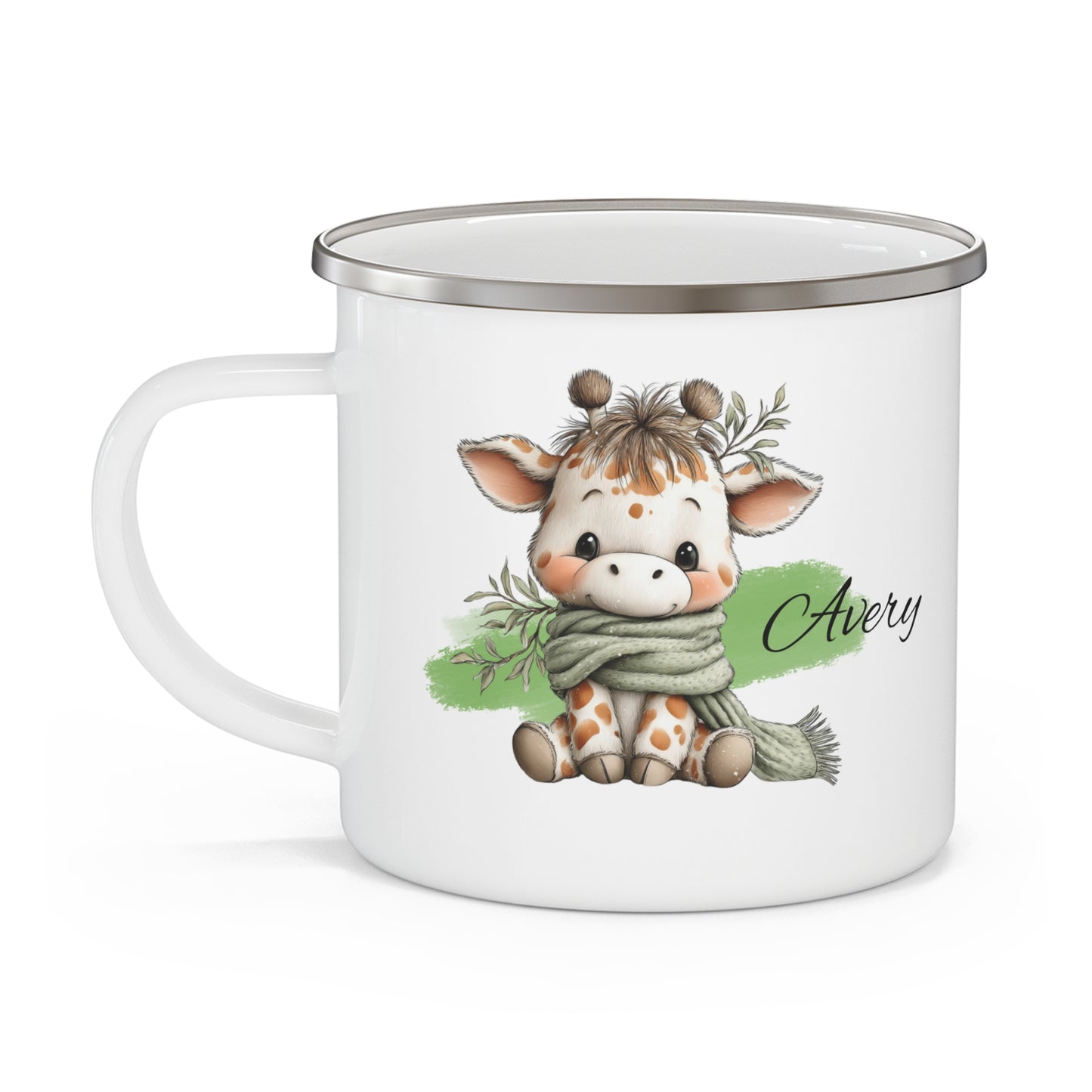Enamel Mug — Cute Giraffe Camping Mug with Scarf & Custom Name (Avery)
