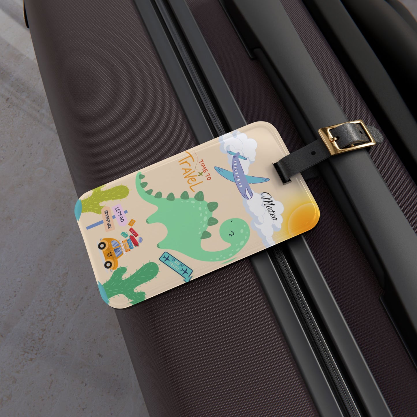 Kids Dinosaur Travel Luggage Tag — Personalized 'Time to Travel' ID Tag