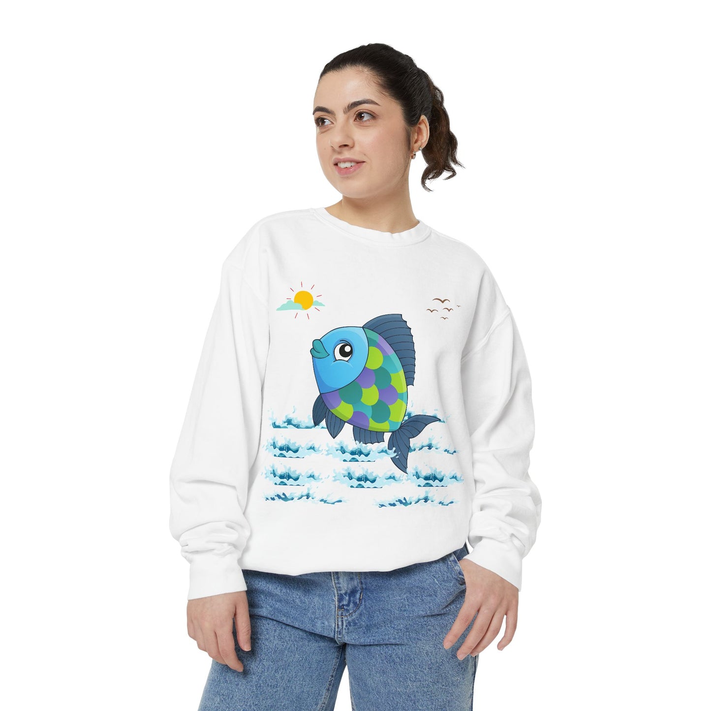 Fish with a sun and birds in the sky above water Unisex Garment-Dyed Sweatshirt