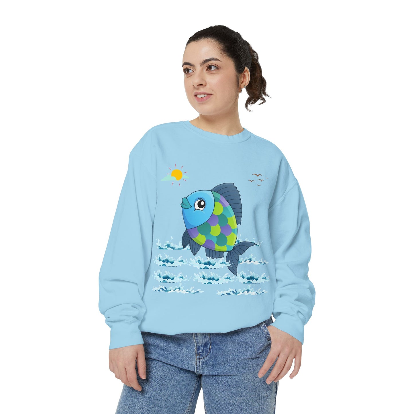 Fish with a sun and birds in the sky above water Unisex Garment-Dyed Sweatshirt