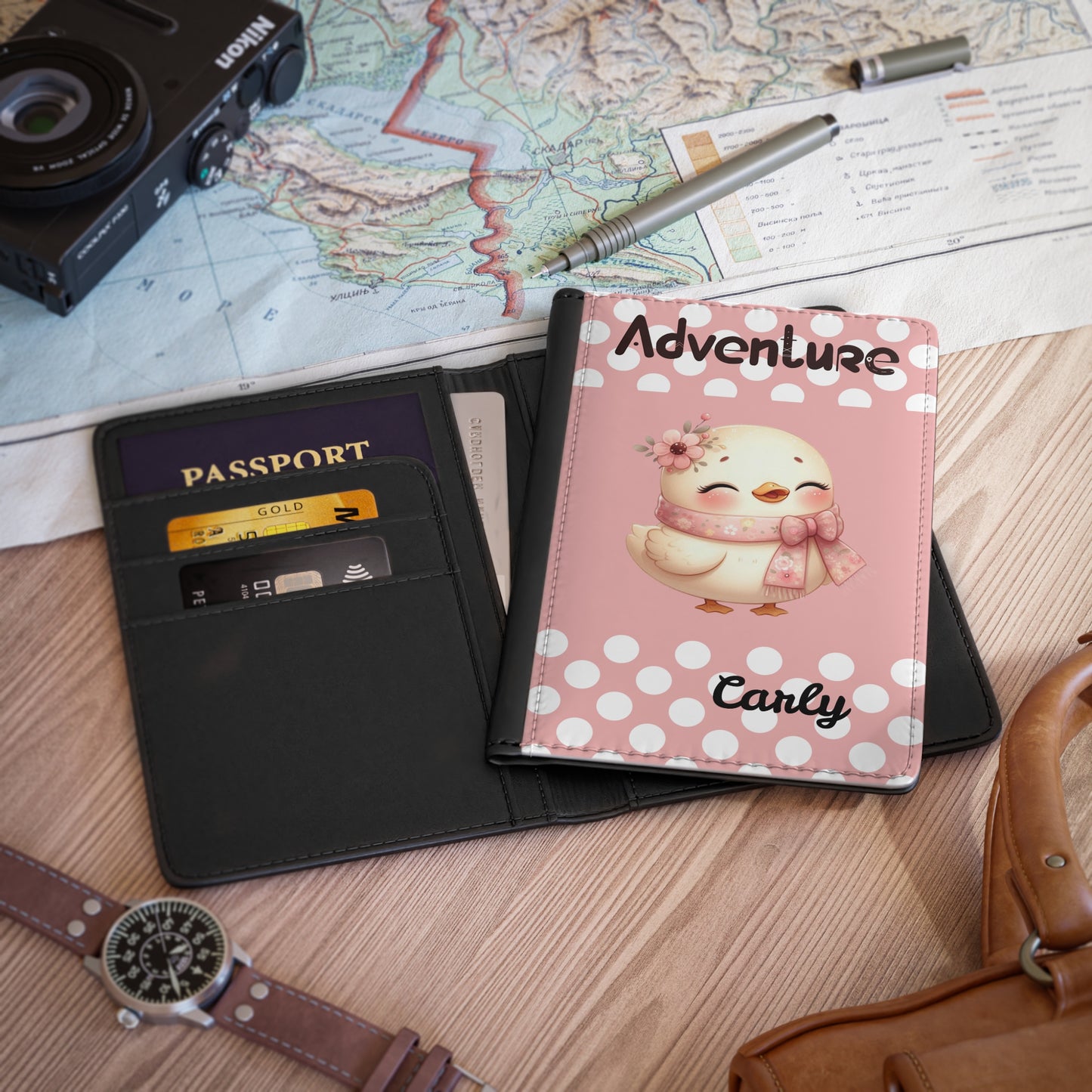 Personalized Pink Chick Passport Cover – ‘Adventure’ Travel Document Holder with Name