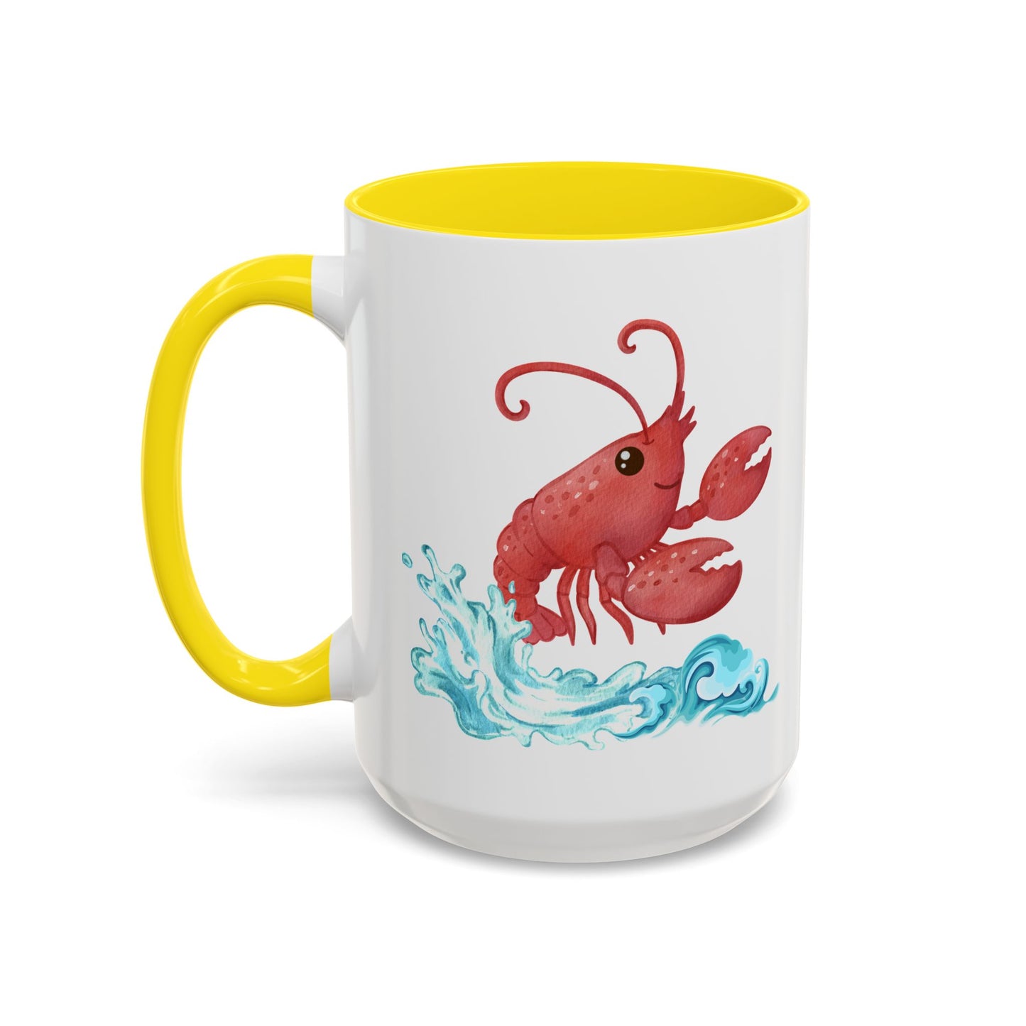 Cheerful red lobster emerging from stylized blue waves Coffee Mug