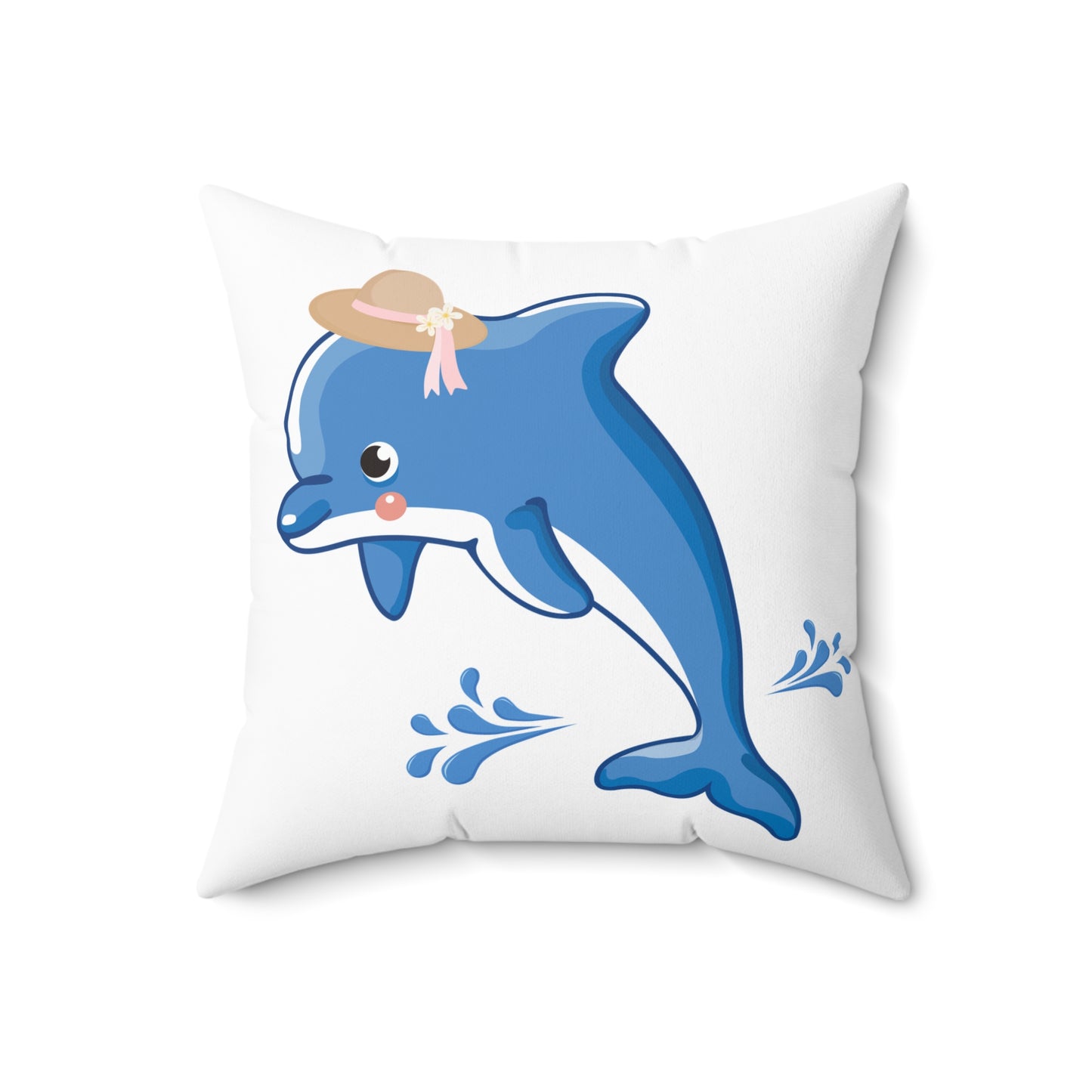 Dolphin wearing a straw hat with stylized water splashes Spun Polyester Square Pillow