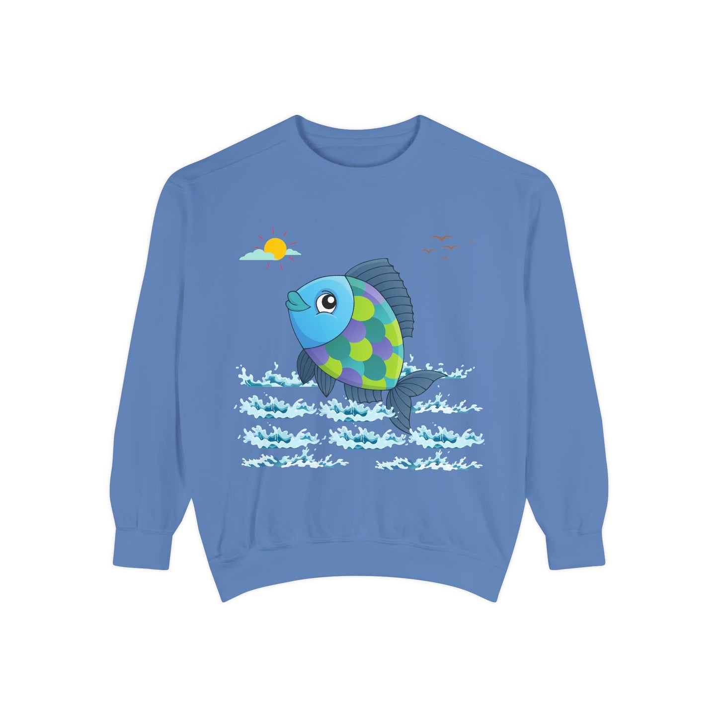 Fish with a sun and birds in the sky above water Unisex Garment-Dyed Sweatshirt
