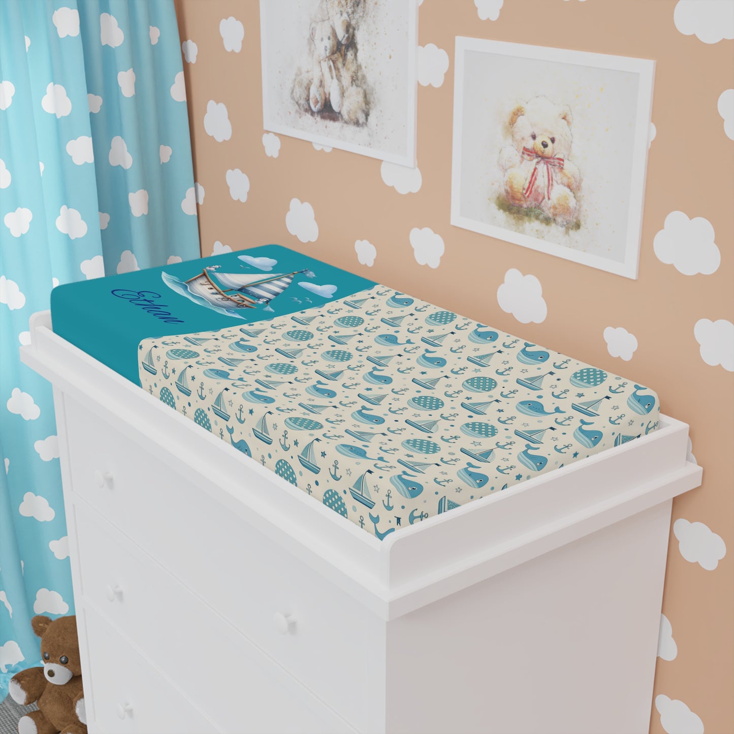 Baby Changing Pad Cover – Nautical Whale & Sailboat Pattern (Personalizable)