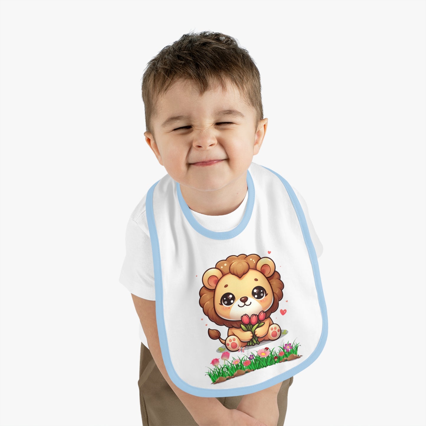 Baby Bib — Cute Lion Holding Flowers, Contrast Trim Infant Feeding Bib