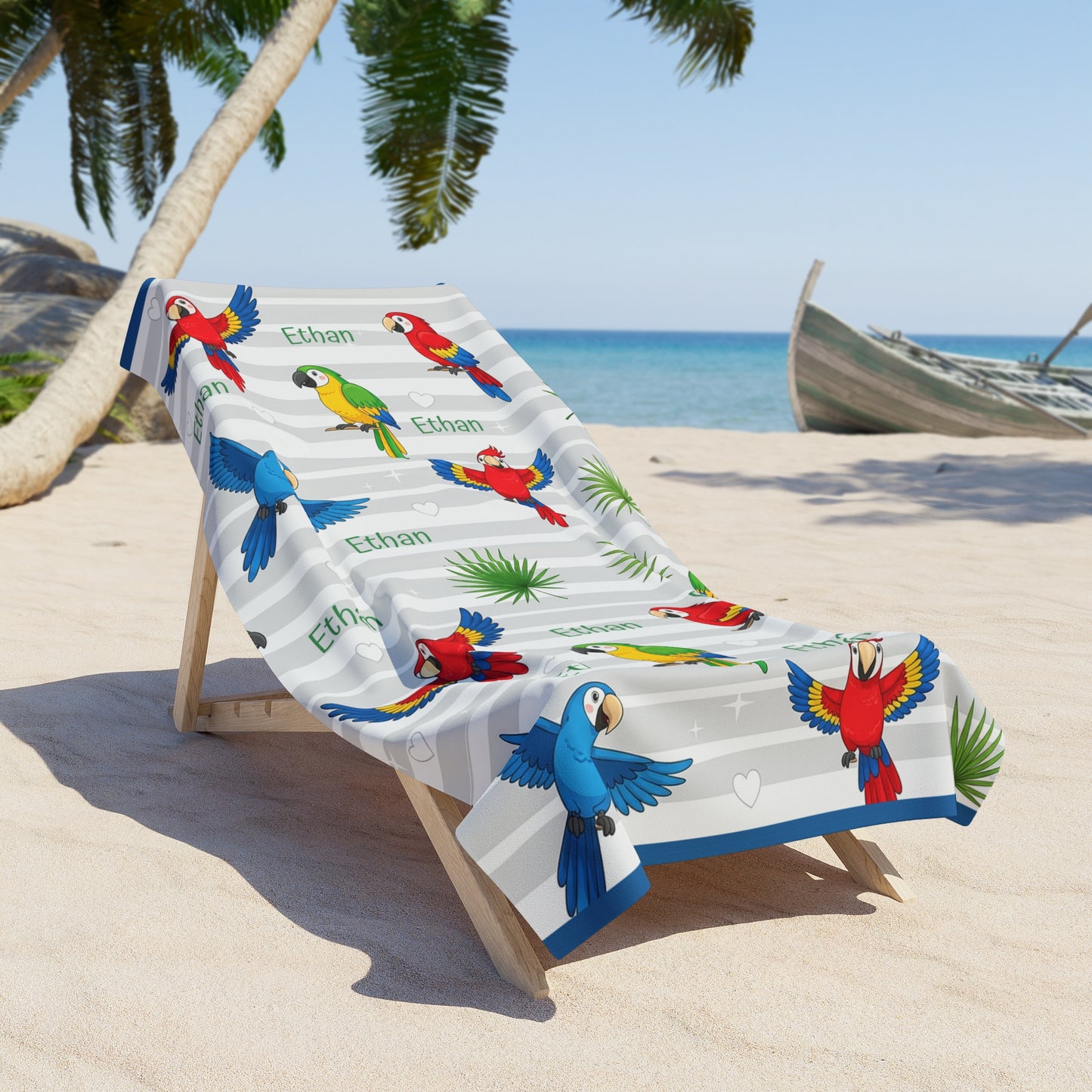 Personalized Parrot Beach Towel — Tropical Palm Stripe Design (Custom Name)