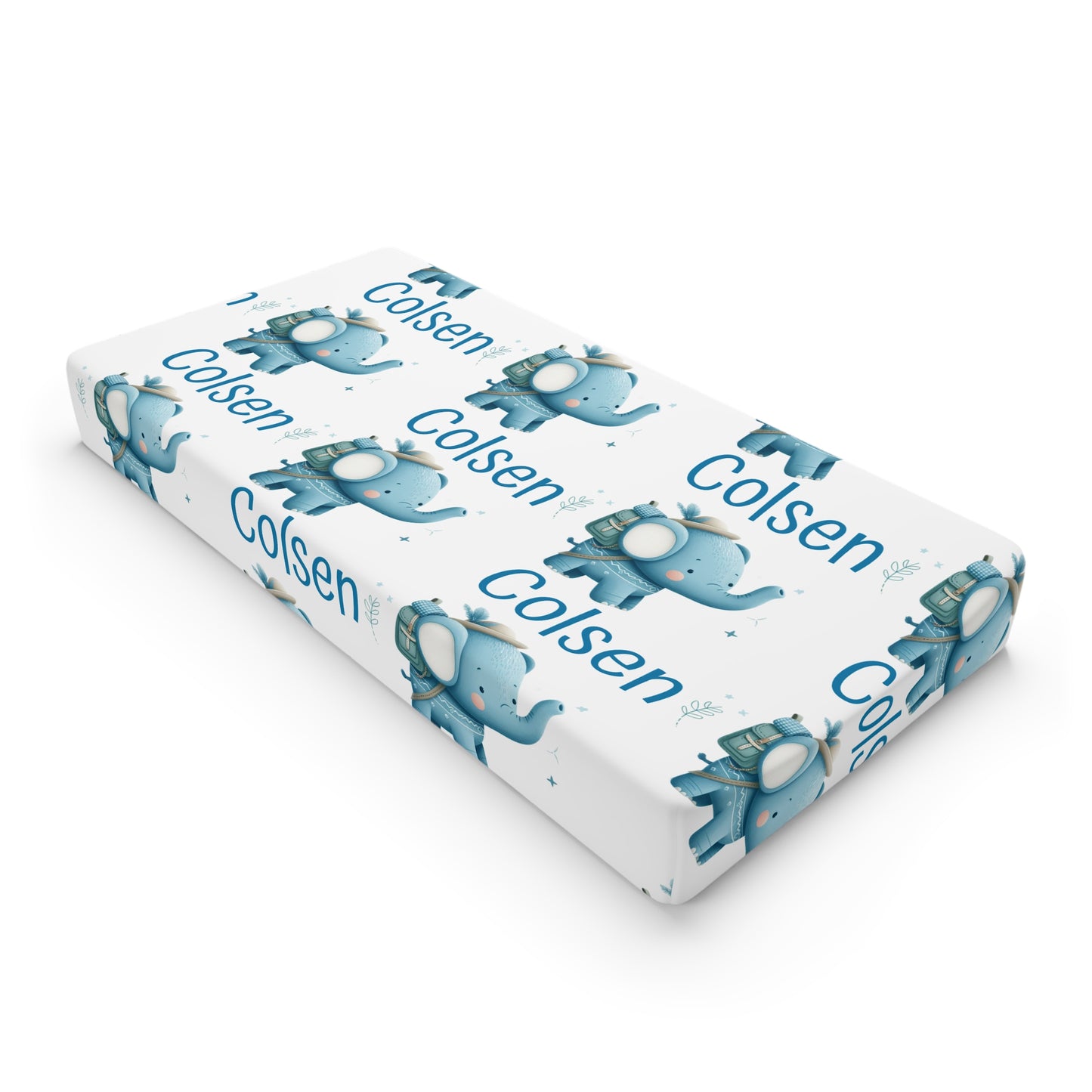 Baby Changing Pad Cover — Personalized Blue Elephant Nursery Cover (Custom Name "Colsen")