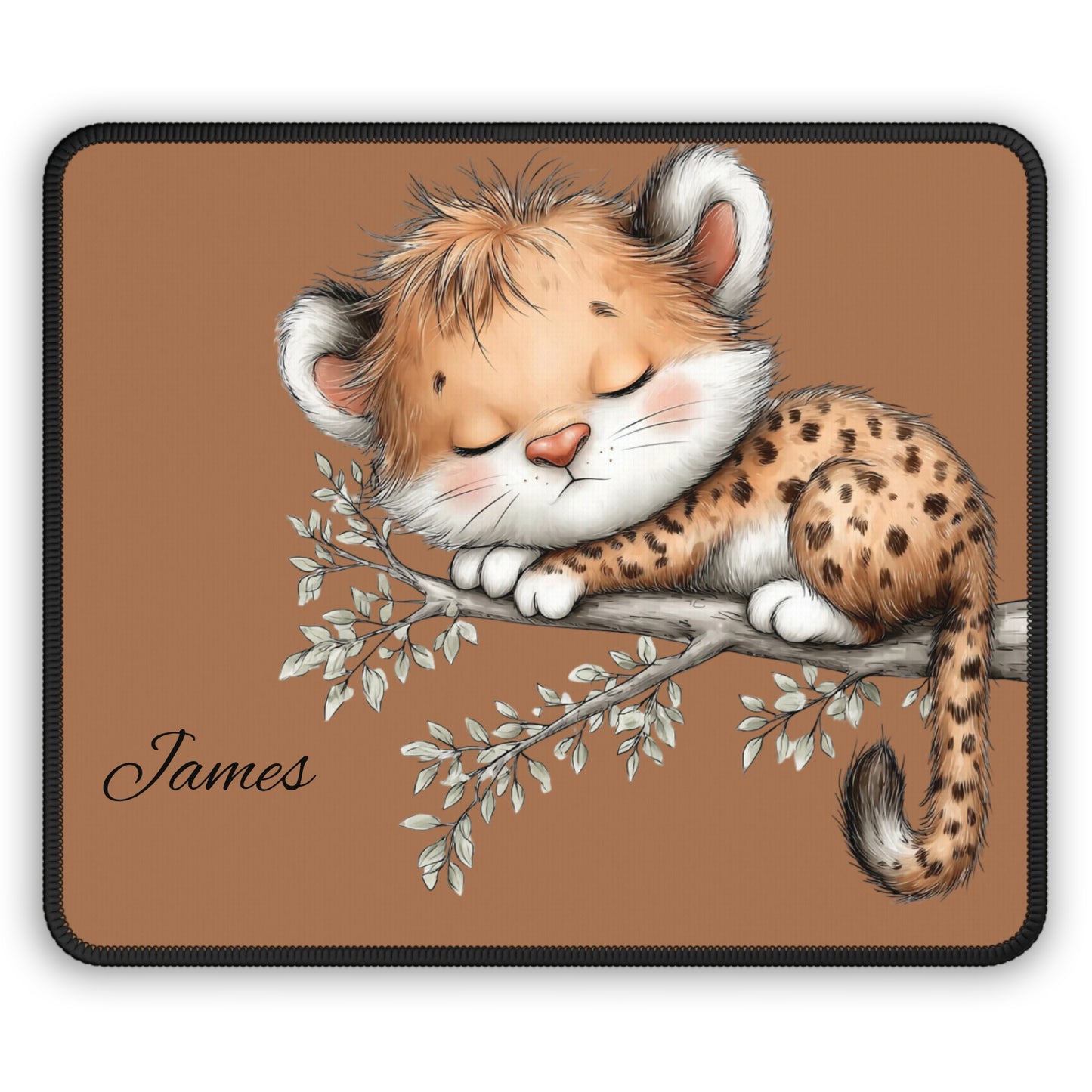 Cute Sleeping Cheetah Personalized Gaming Mouse Pad — Custom Name Desk Mat for Kids & Gamers