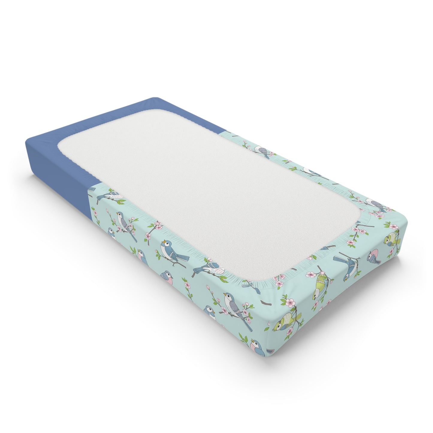 Bird Pattern Baby Changing Pad Cover — Personalized Blue Floral Nursery