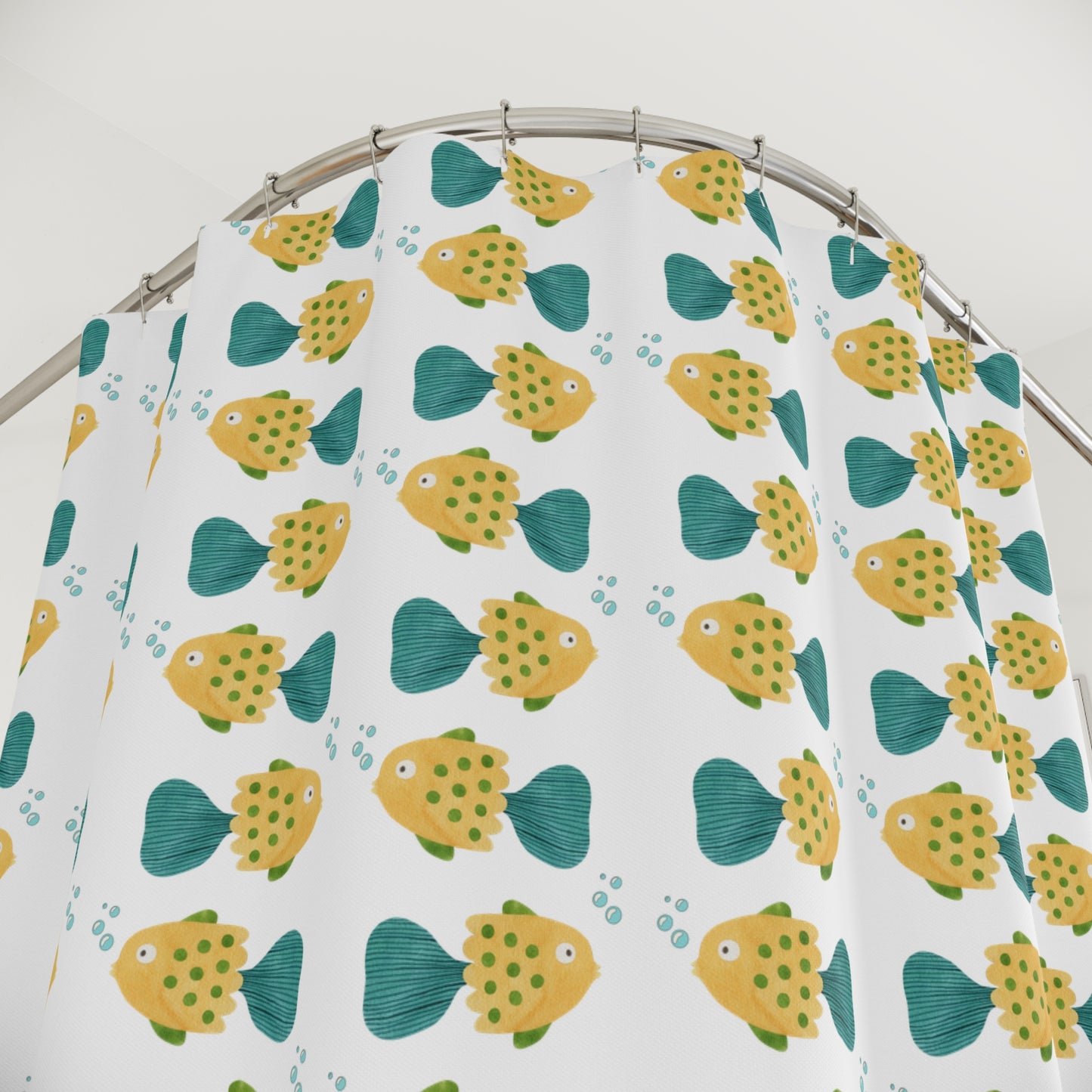 Fish Pattern Shower Curtain — Cute Yellow & Teal Fish Bathroom Decor