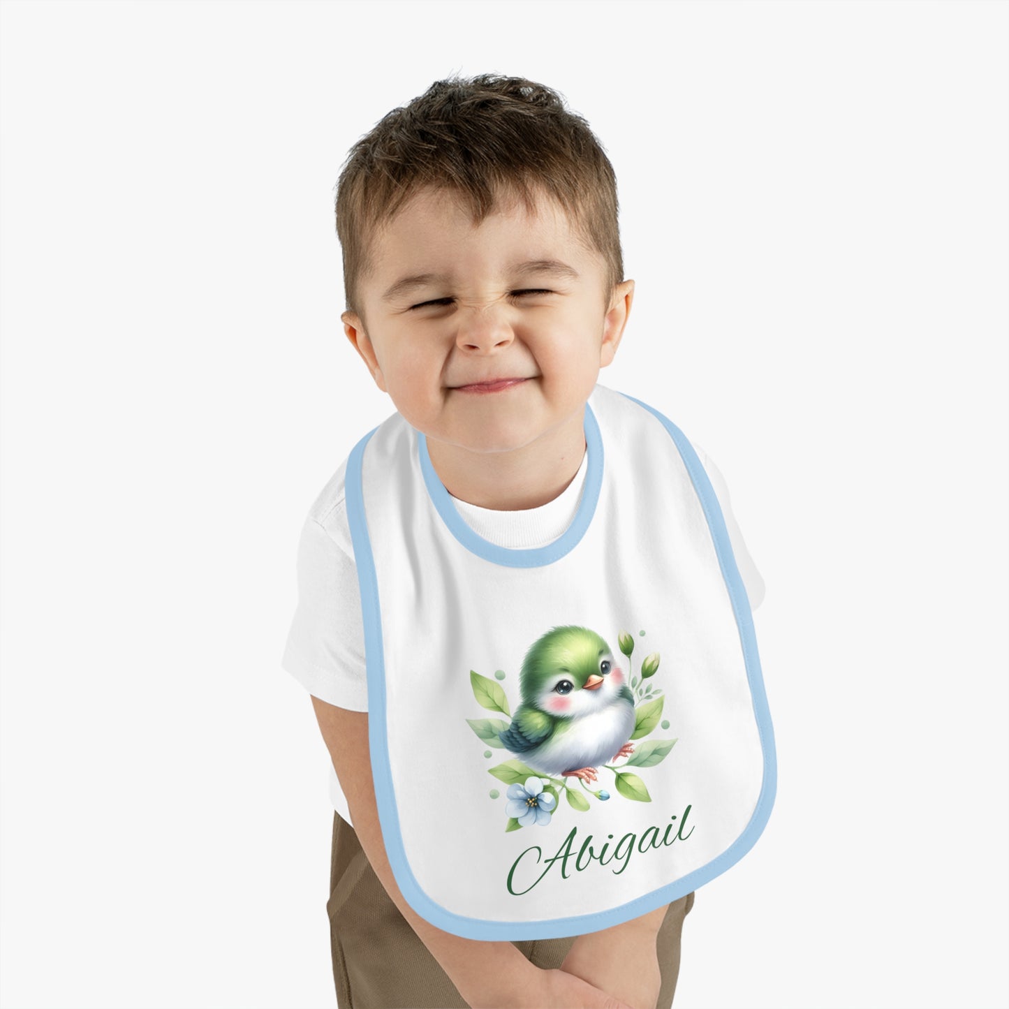 Personalized Baby Bib — Green Watercolor Bird with Name