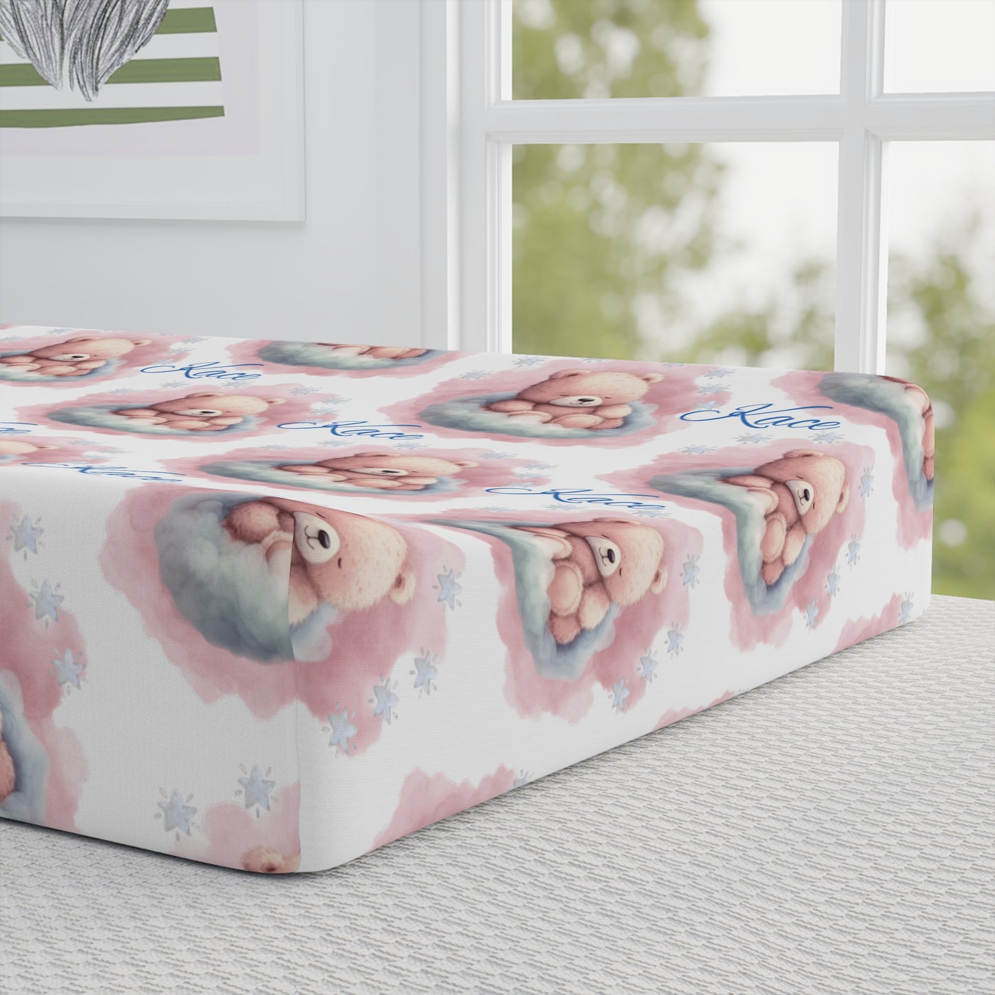 Changing Pad Cover — Pink Watercolor Teddy Bear "Love" Pattern